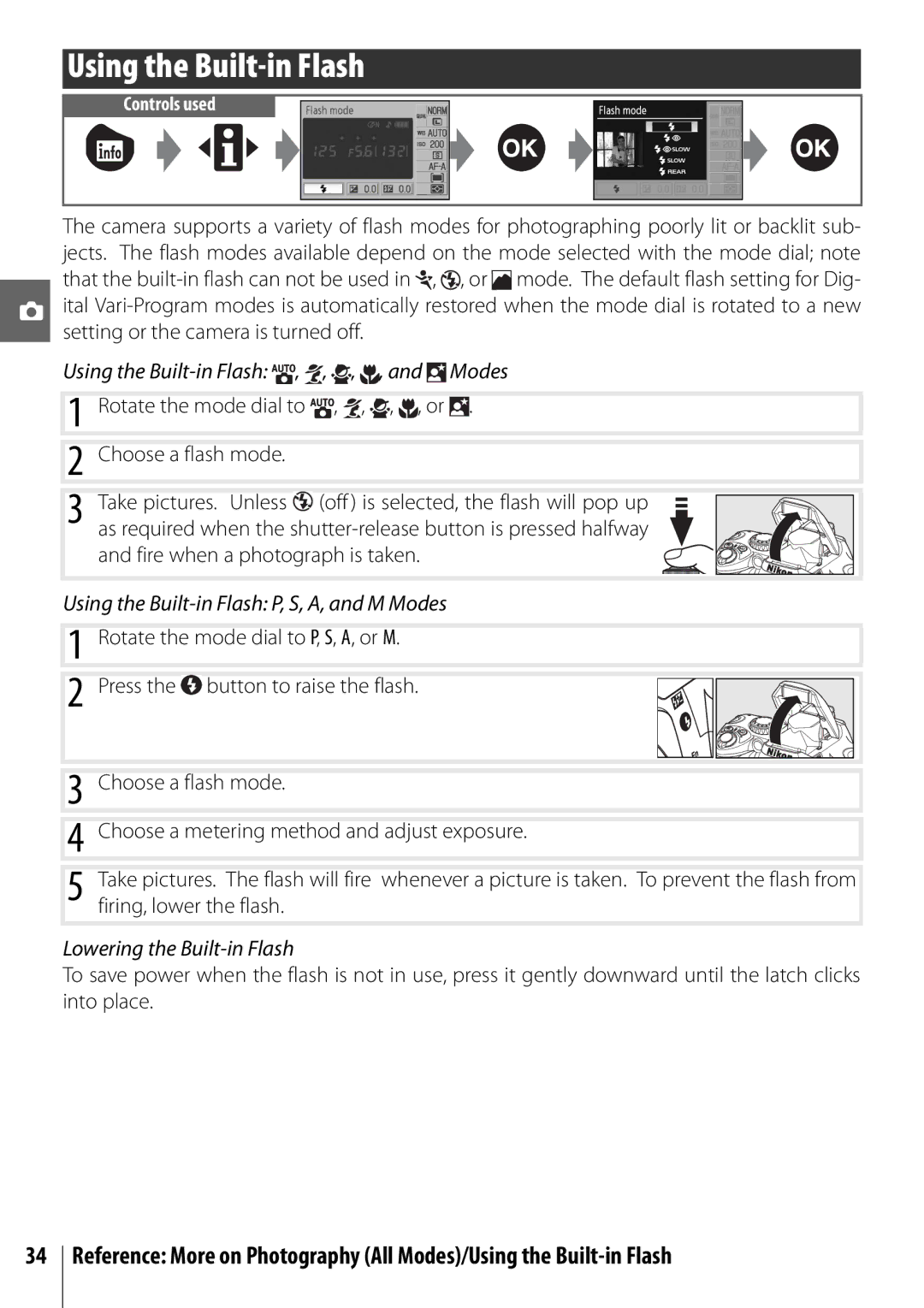 Nikon D40 manual Using the Built-in Flash , , , , and Modes, Using the Built-in Flash P, S, A, and M Modes 