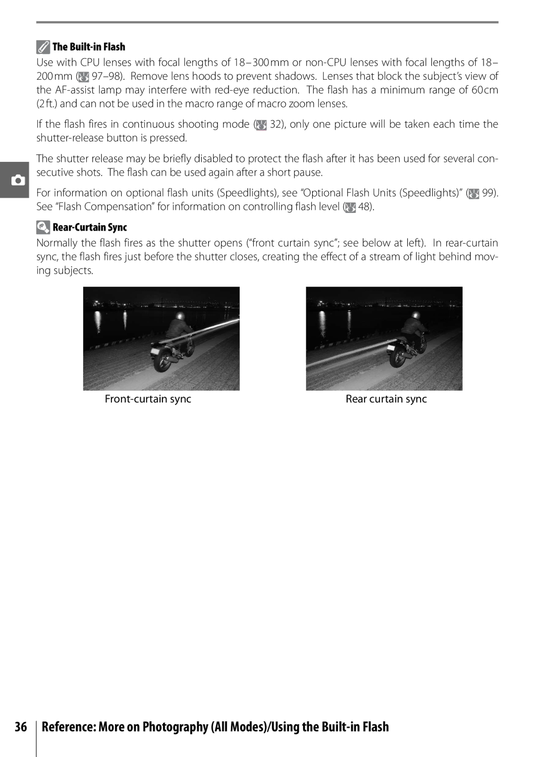 Nikon D40 manual Built-in Flash, Rear-Curtain Sync 