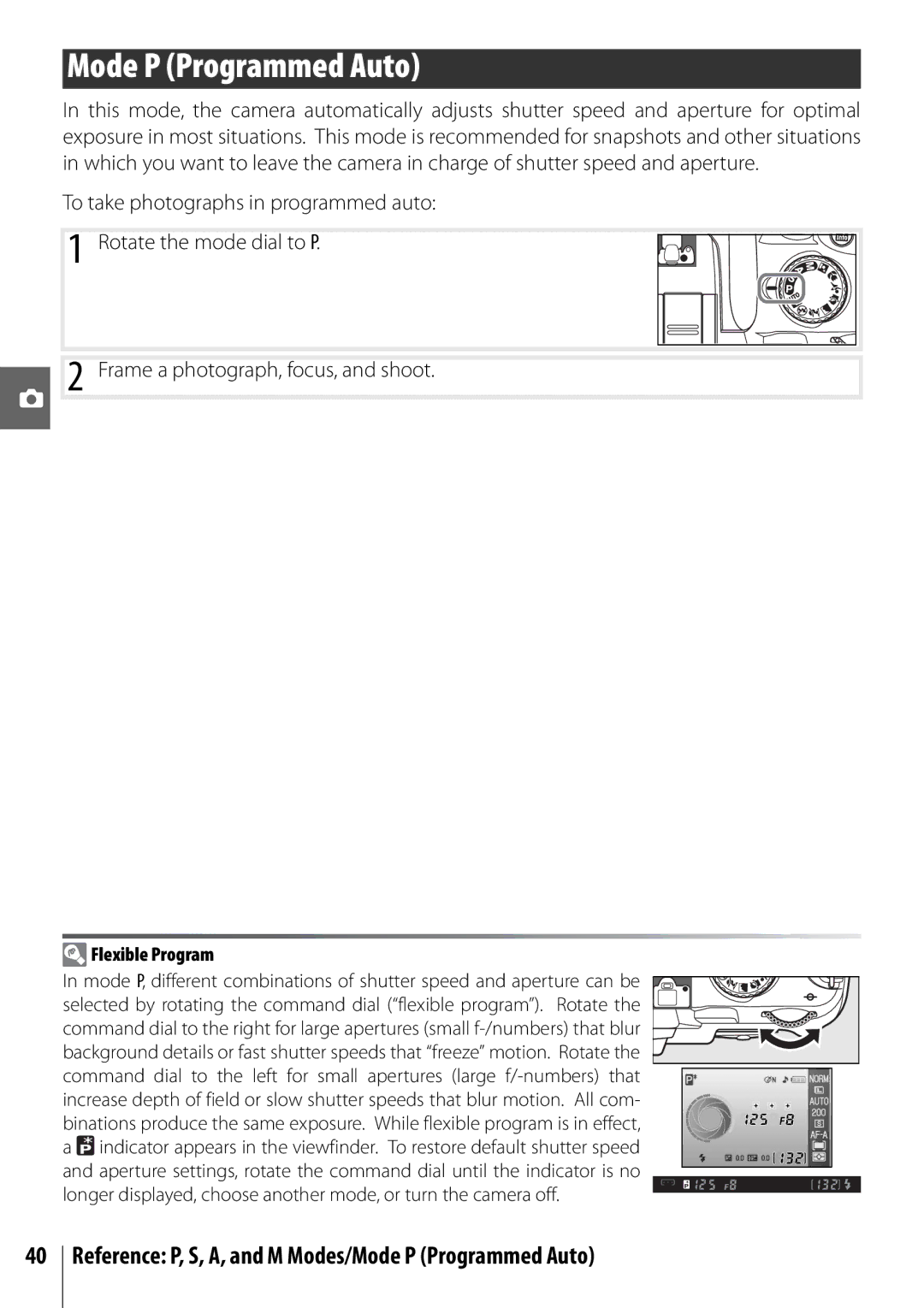 Nikon D40 manual Reference P, S, A, and M Modes/Mode P Programmed Auto, Flexible Program 