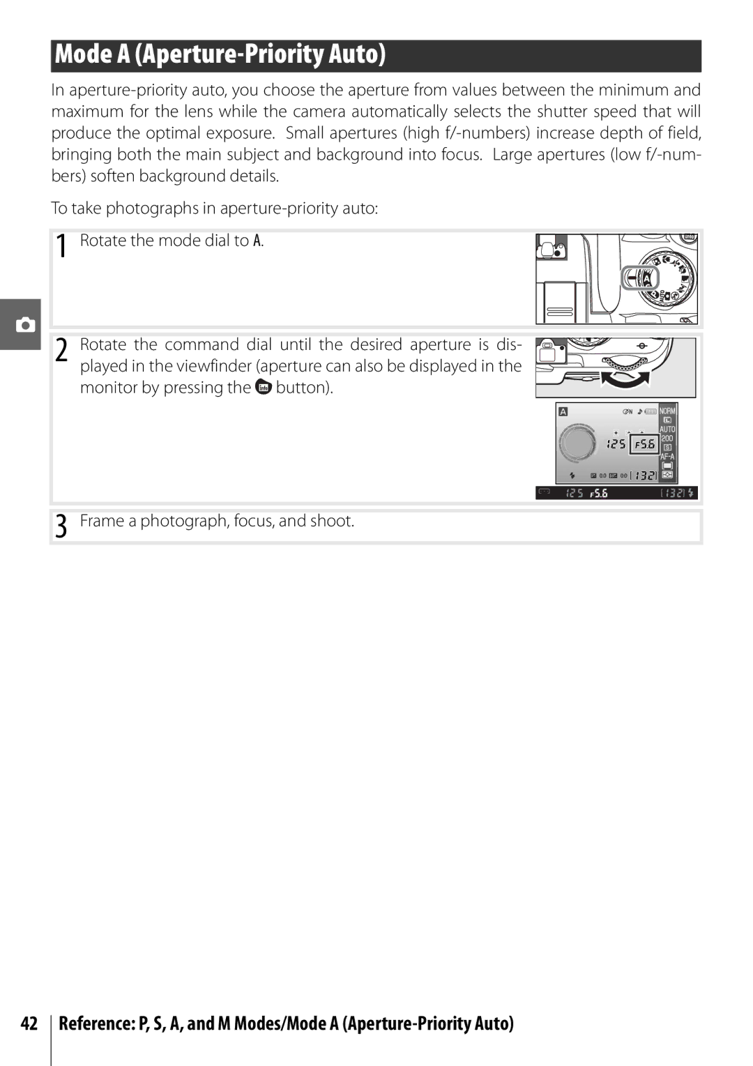 Nikon D40 manual Reference P, S, A, and M Modes/Mode a Aperture-Priority Auto 