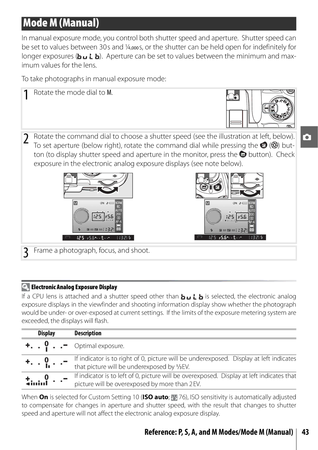 Nikon D40 manual Mode M Manual, Electronic Analog Exposure Display, Display Description 