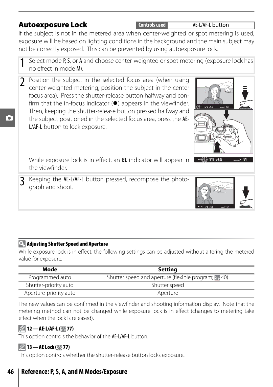 Nikon D40 Autoexposure Lock, Reference P, S, A, and M Modes/Exposure, Adjusting Shutter Speed and Aperture, Mode Setting 