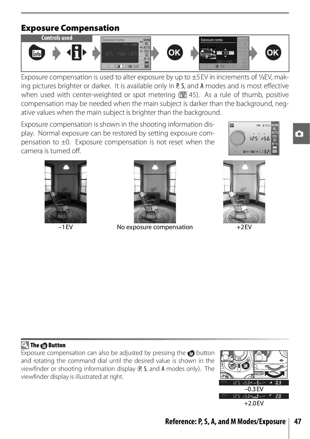 Nikon D40 manual Exposure Compensation, 1EV No exposure compensation, +2EV 