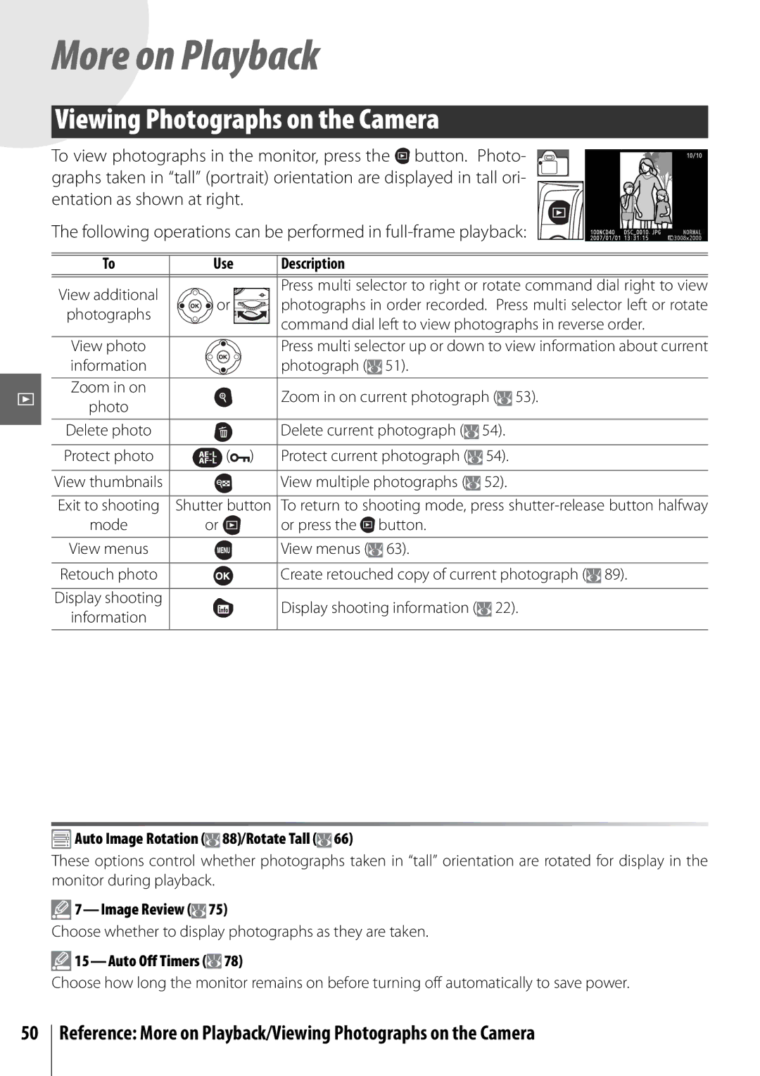 Nikon D40 manual Viewing Photographs on the Camera, Auto Image Rotation 88/Rotate Tall, Image Review, Auto Off Timers 