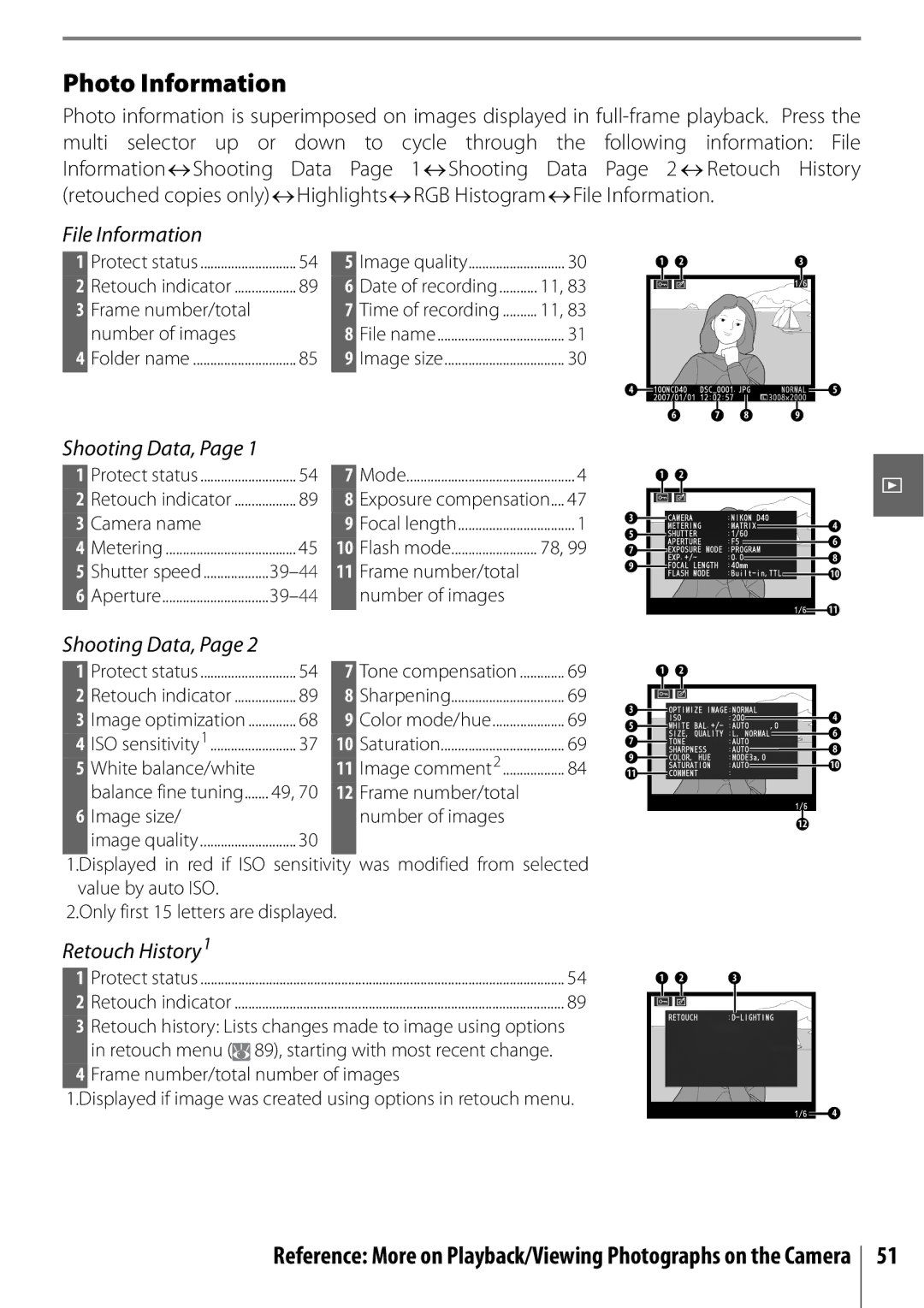 Nikon D40 manual Photo Information, File Information, Shooting Data, Retouch History1 