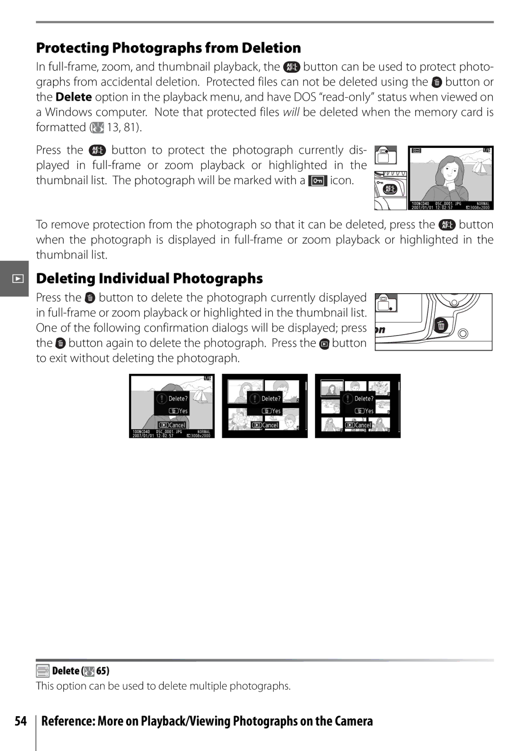 Nikon D40 manual Protecting Photographs from Deletion, Deleting Individual Photographs, Delete 