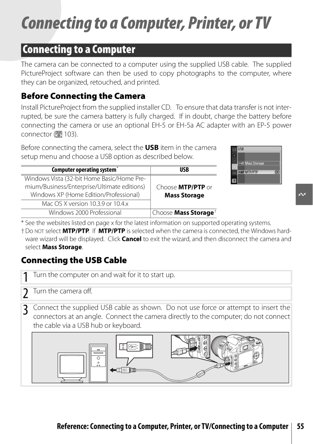 Nikon D40 Connecting to a Computer, Before Connecting the Camera, Connecting the USB Cable, Computer operating system 