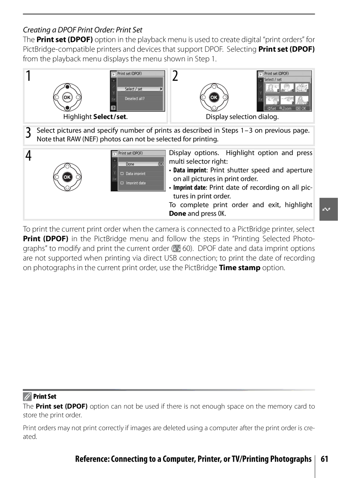 Nikon D40 manual Creating a Dpof Print Order Print Set 