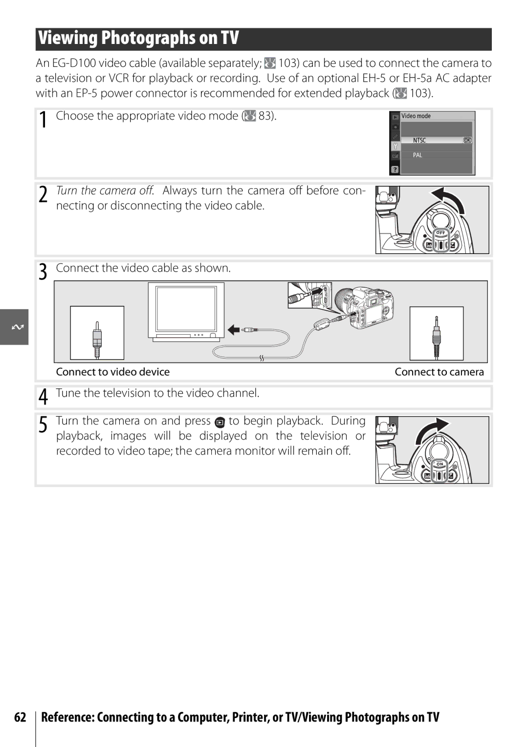 Nikon D40 Viewing Photographs on TV, Tune the television to the video channel, Connect to video device, Connect to camera 