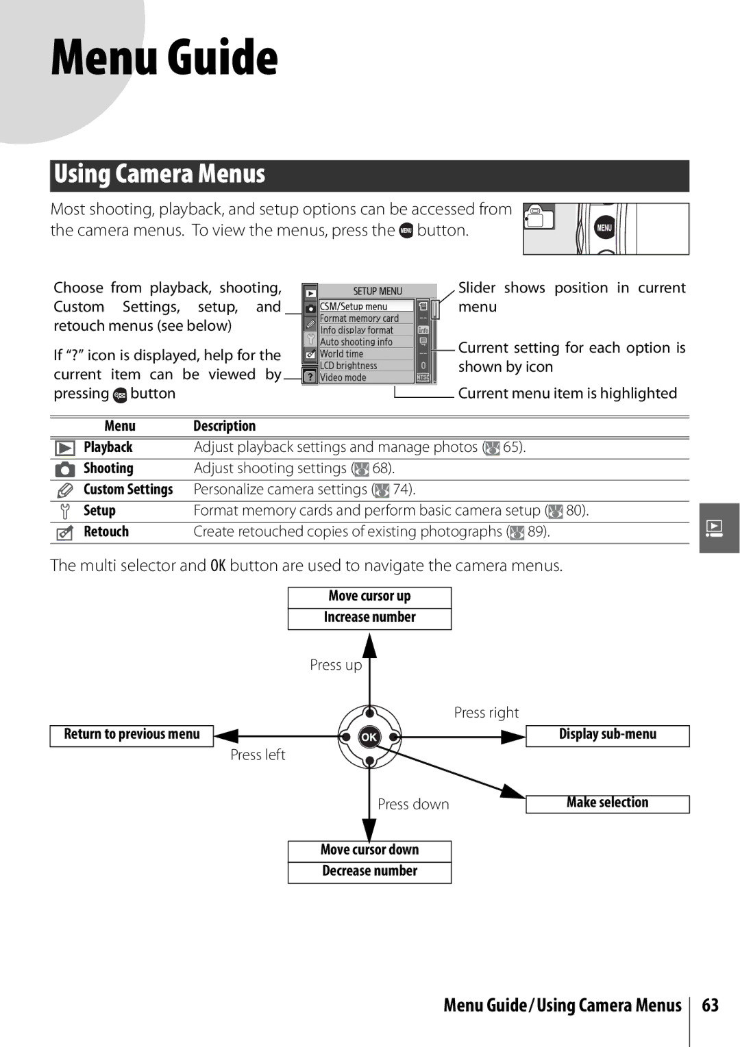 Nikon D40 manual Using Camera Menus, Personalize camera settings, Move cursor up Increase number, Return to previous menu 