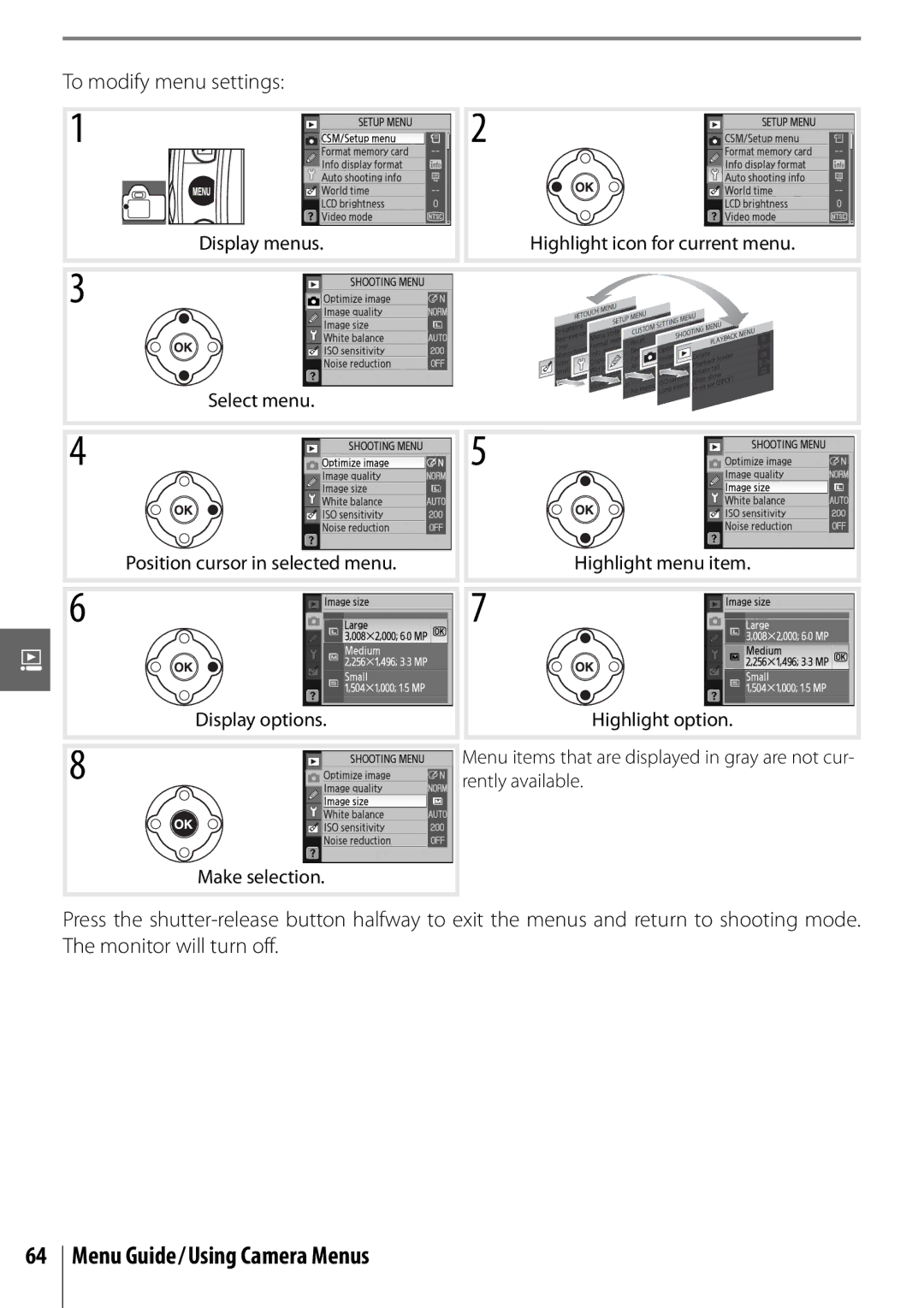 Nikon D40 manual Menu Guide/Using Camera Menus, To modify menu settings 