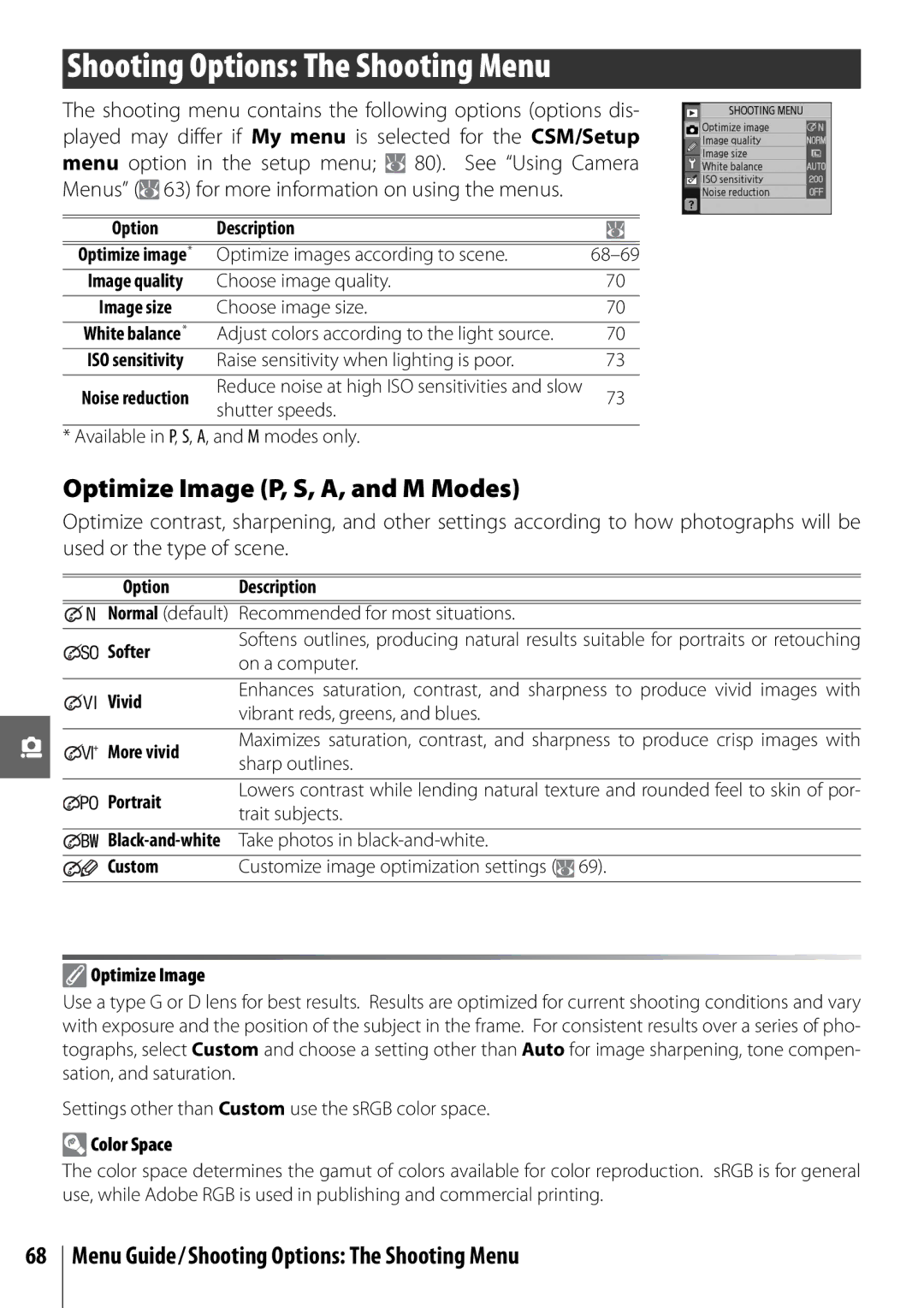 Nikon D40 manual Shooting Options The Shooting Menu, Optimize Image P, S, A, and M Modes 