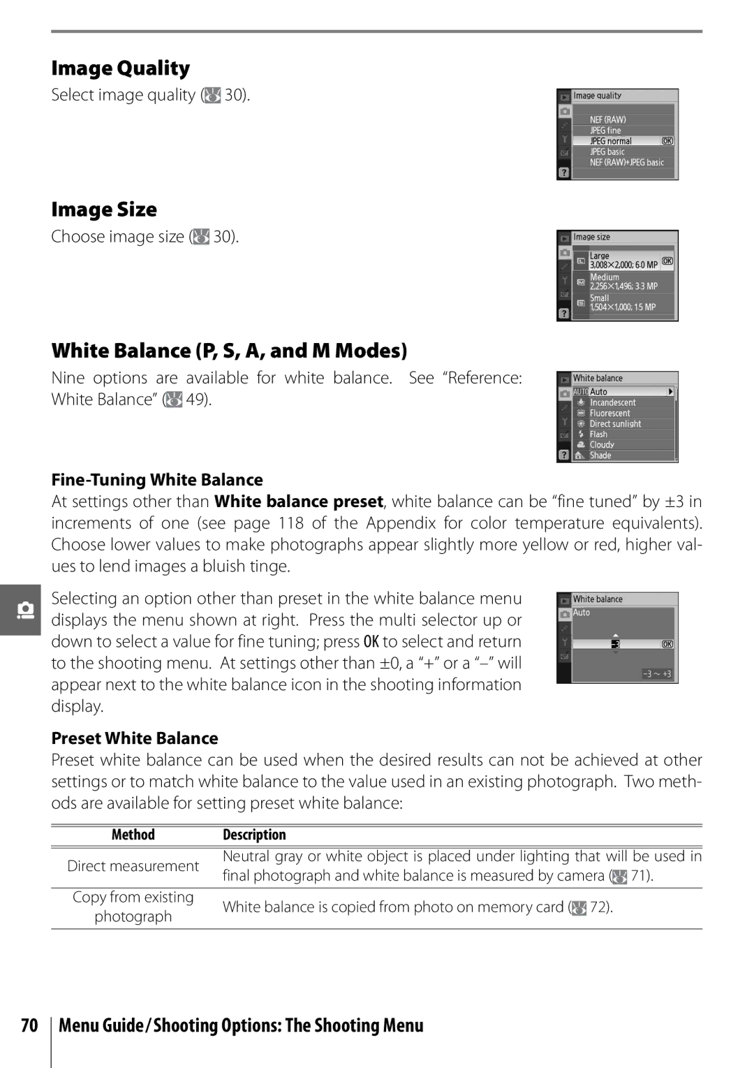 Nikon D40 manual White Balance P, S, A, and M Modes, Select image quality, Choose image size, Fine-Tuning White Balance 