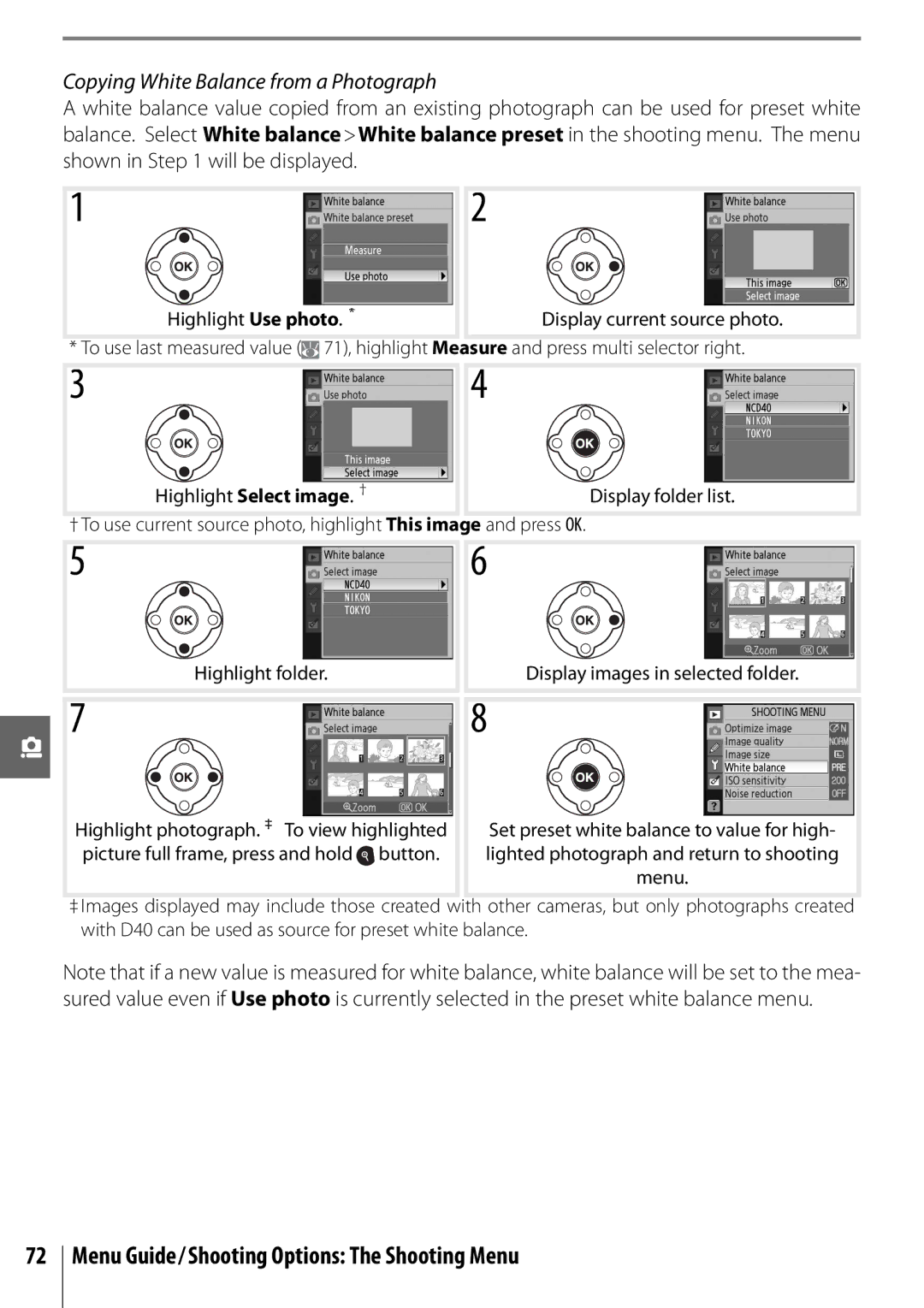 Nikon D40 manual Copying White Balance from a Photograph 