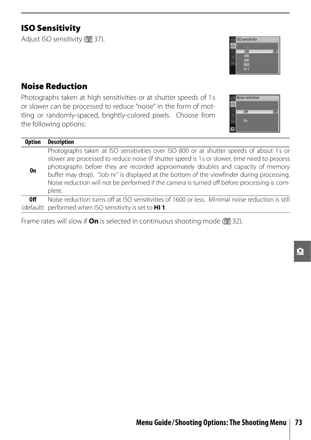 Nikon D40 manual ISO Sensitivity, Noise Reduction, Adjust ISO sensitivity 