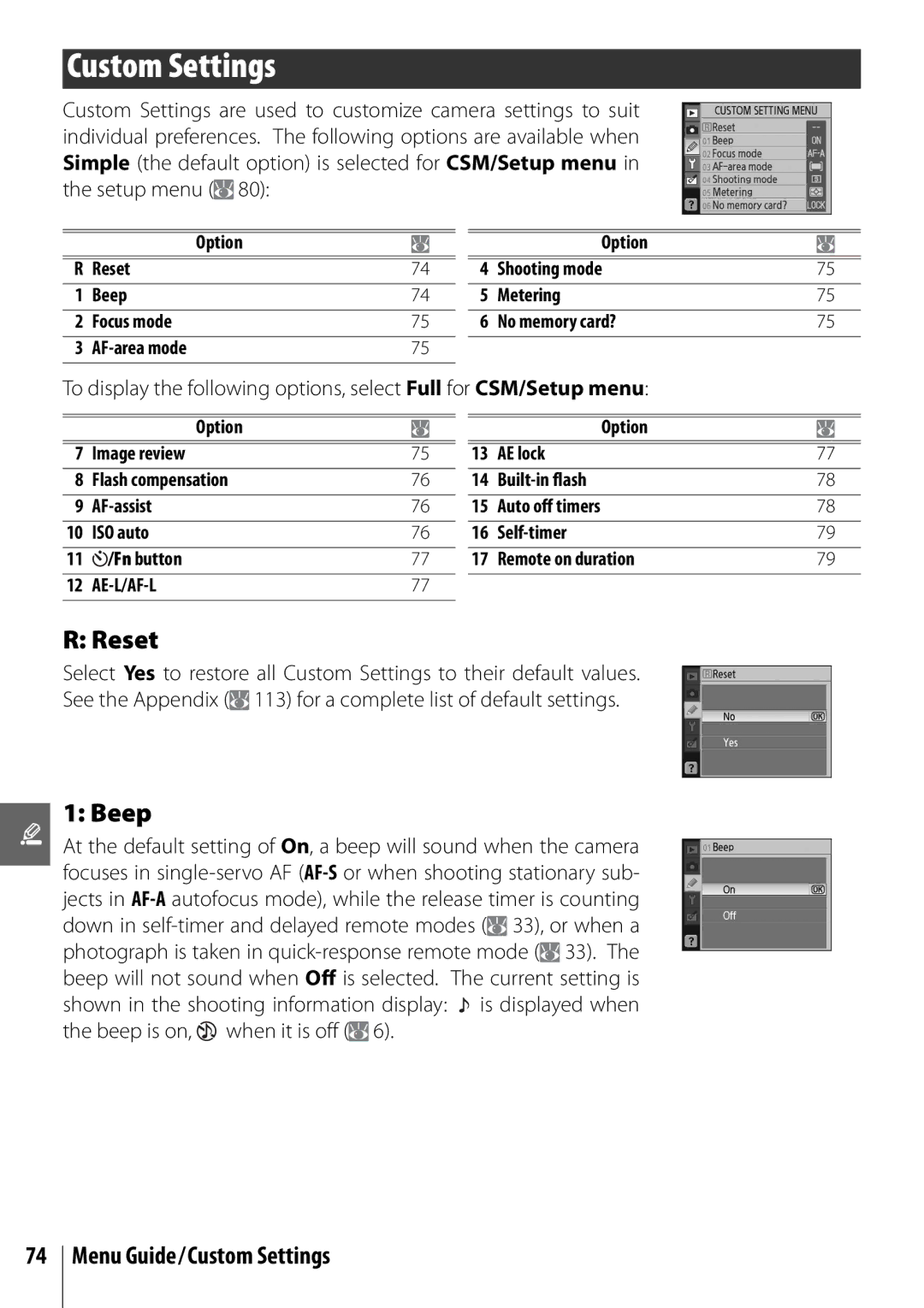 Nikon D40 manual Reset, Beep, Menu Guide/Custom Settings 