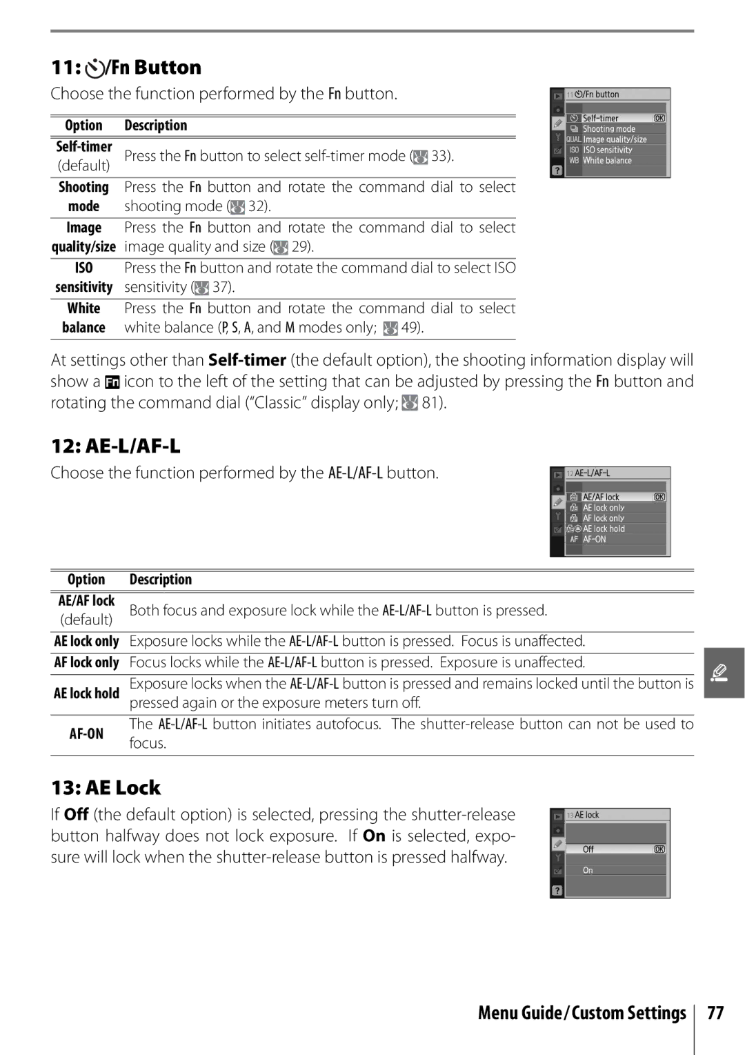 Nikon D40 manual 11 /Fn Button, Ae-L/Af-L, AE Lock, Choose the function performed by the Fn button 