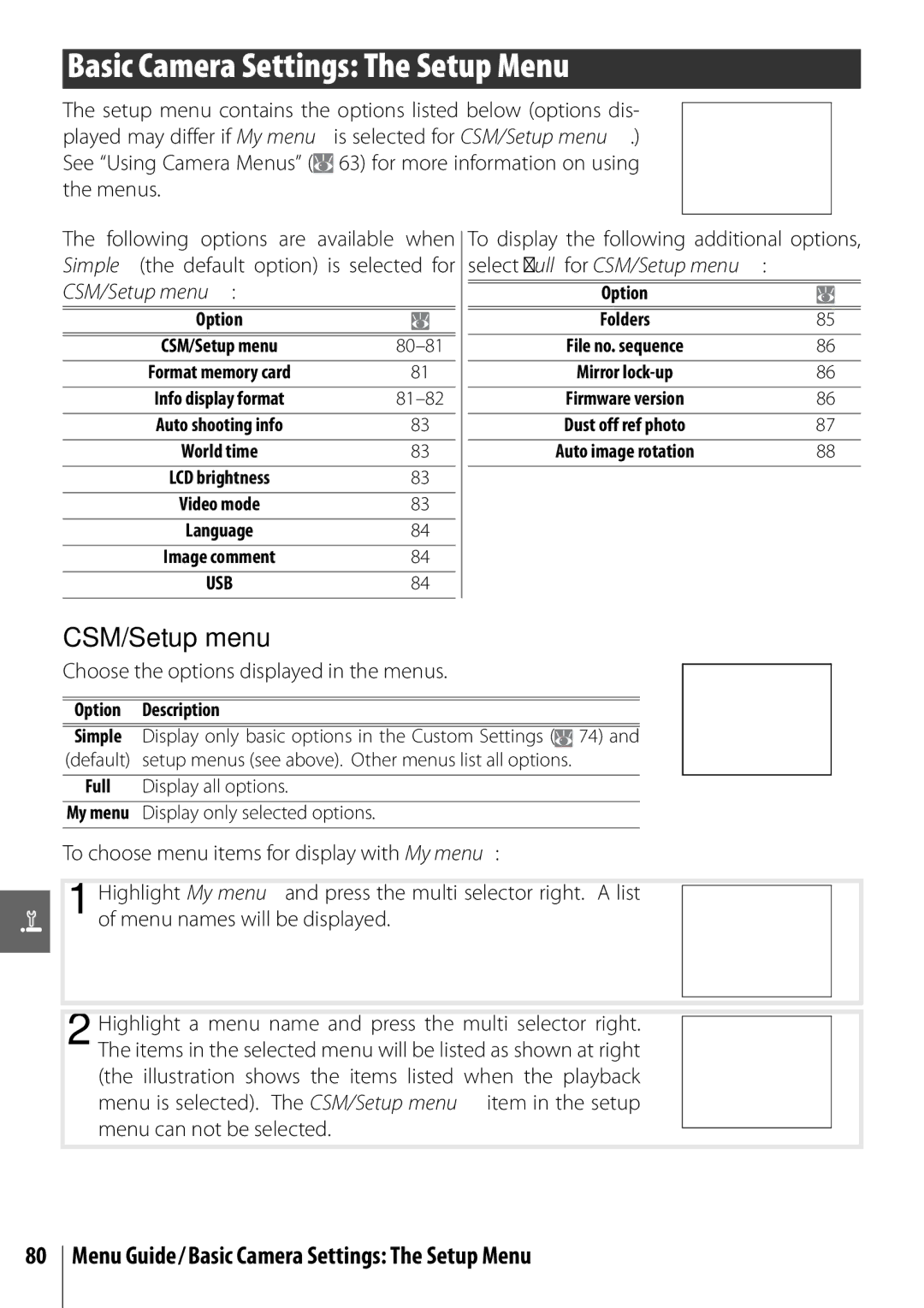 Nikon D40 manual CSM/Setup menu, Menu Guide/Basic Camera Settings The Setup Menu 