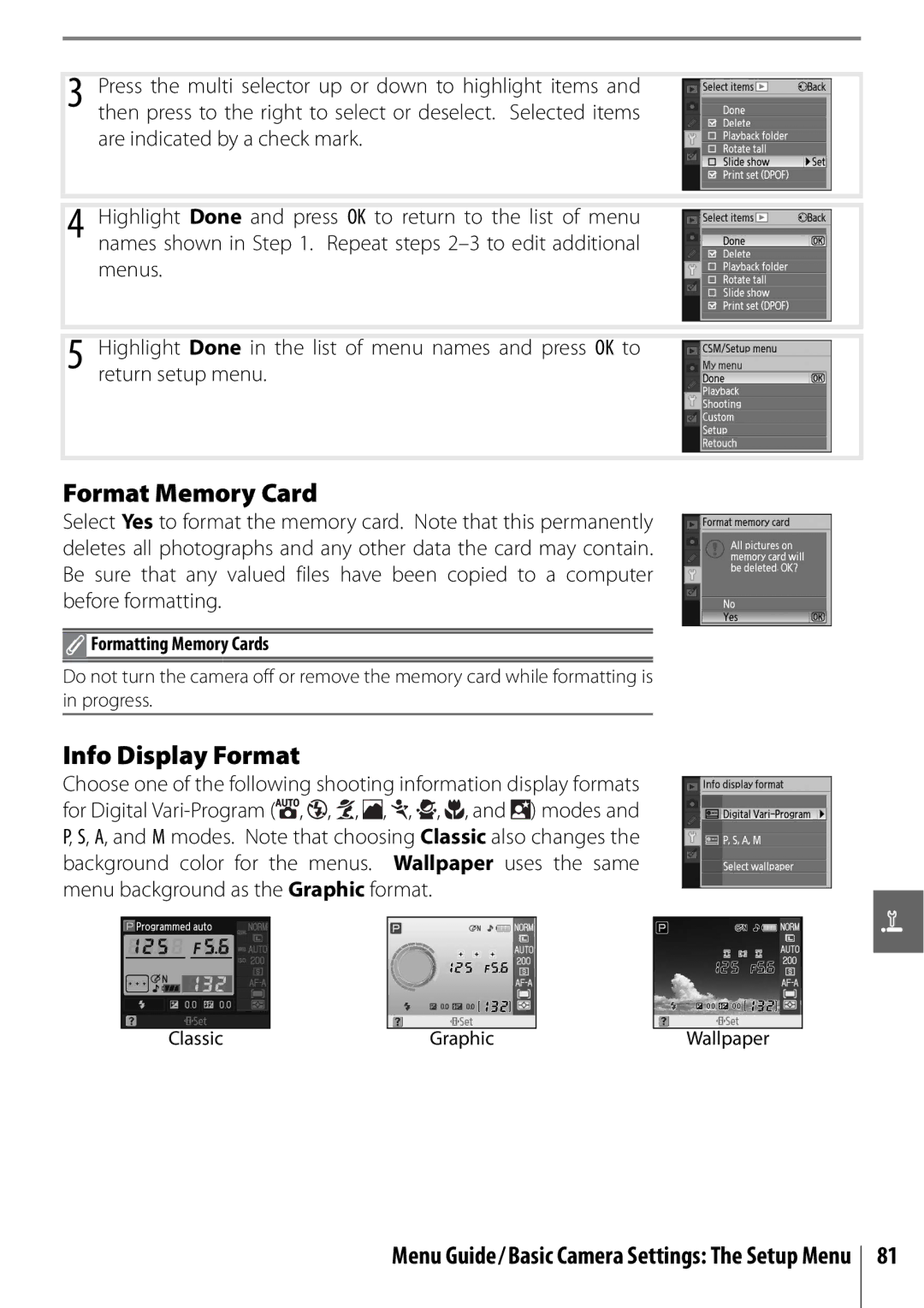 Nikon D40 manual Format Memory Card, Info Display Format, Menu Guide/Basic Camera Settings The Setup Menu 