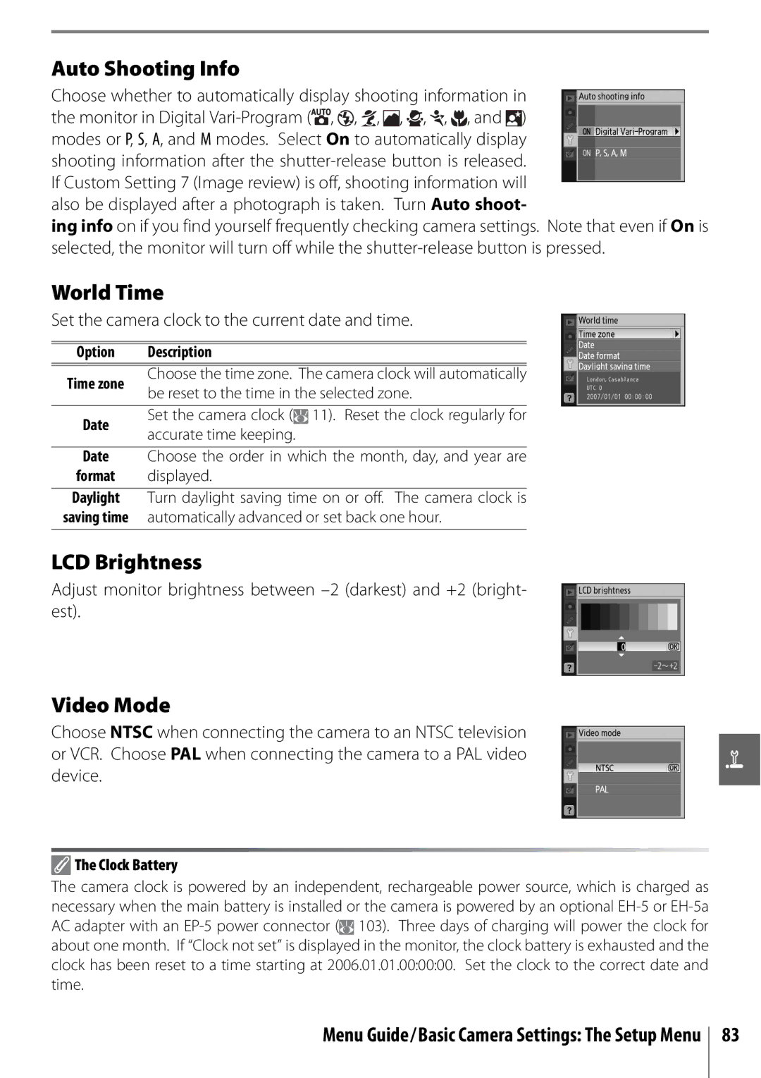 Nikon D40 Auto Shooting Info, World Time, LCD Brightness, Video Mode, Set the camera clock to the current date and time 