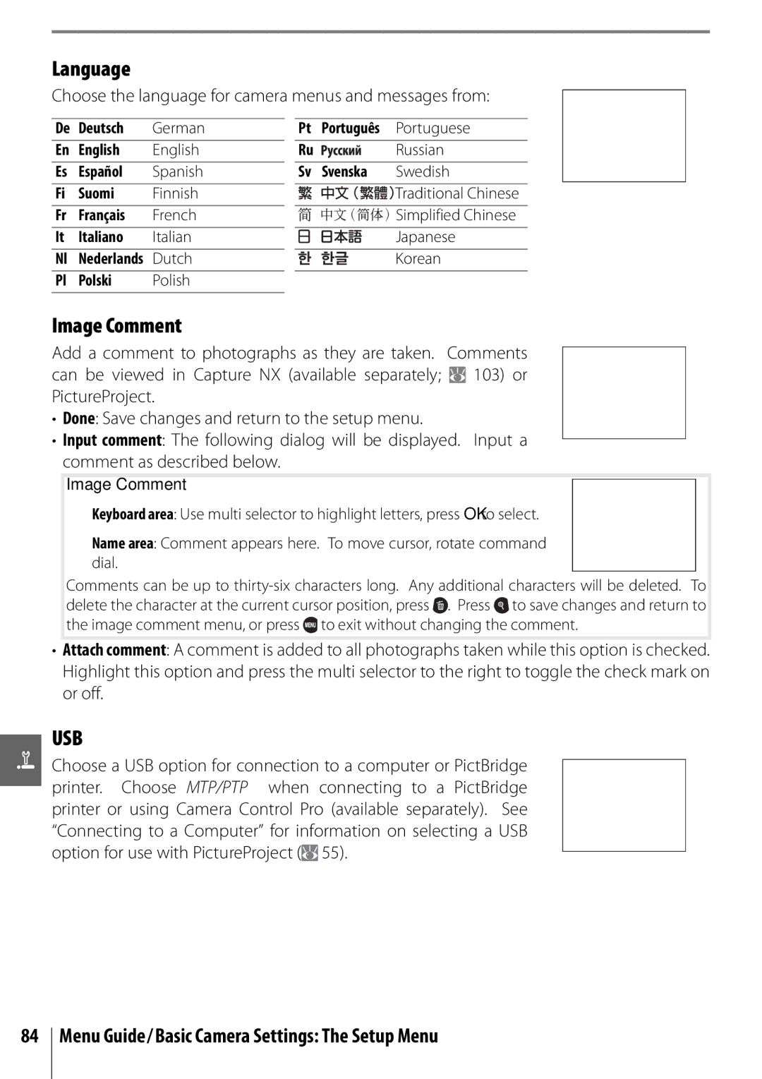 Nikon D40 manual Language, Image Comment, Choose the language for camera menus and messages from 