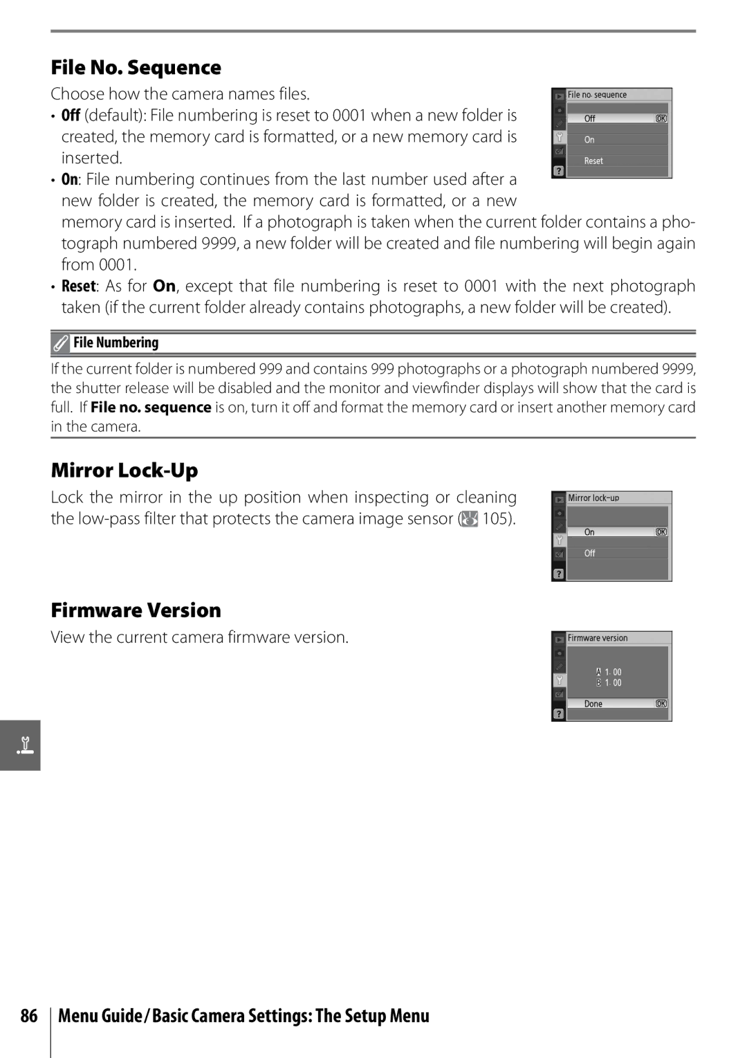 Nikon D40 File No. Sequence, Mirror Lock-Up, Firmware Version, View the current camera firmware version, File Numbering 