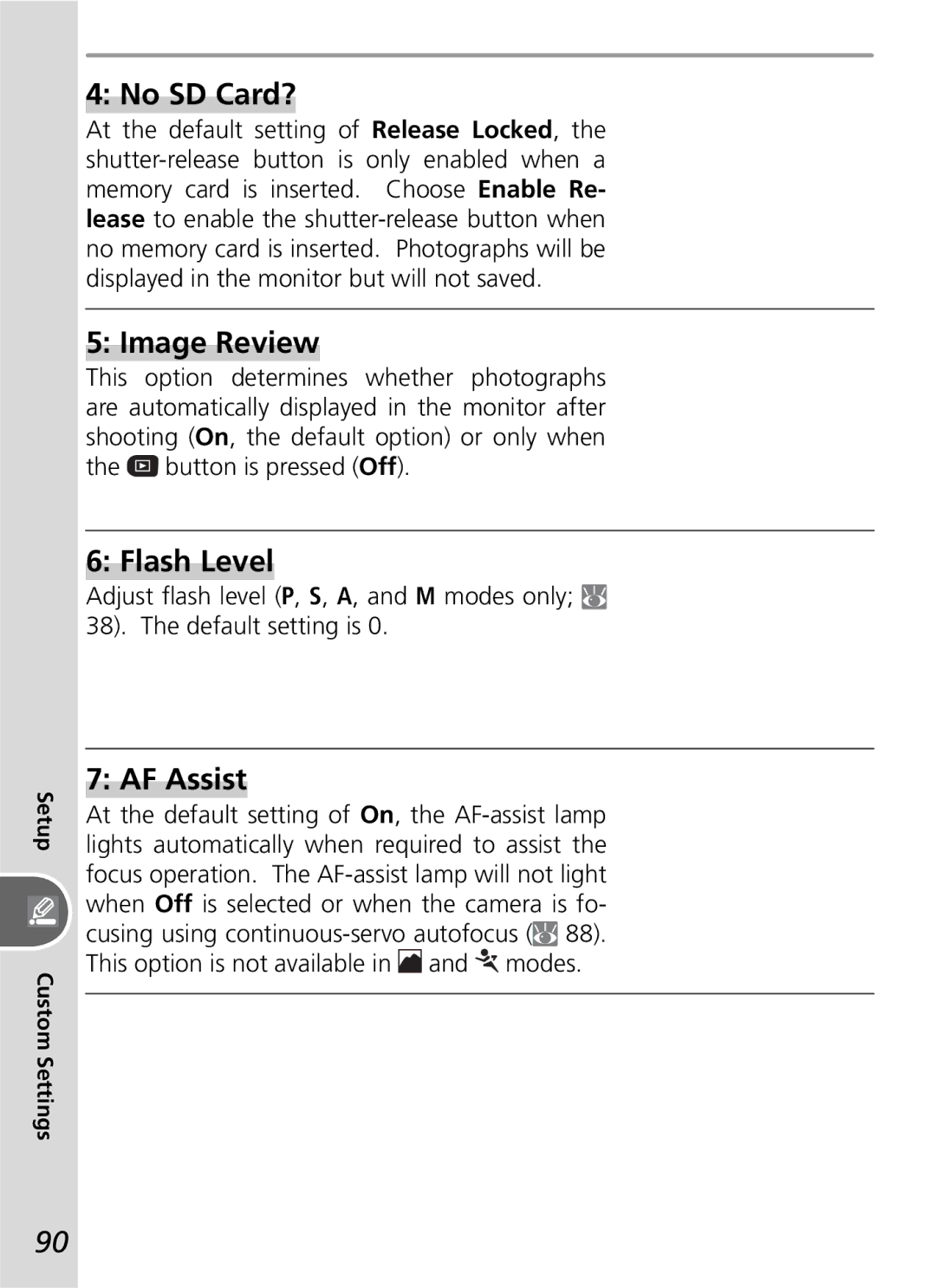 Nikon D50 manual No SD Card?, Image Review, Flash Level, AF Assist 