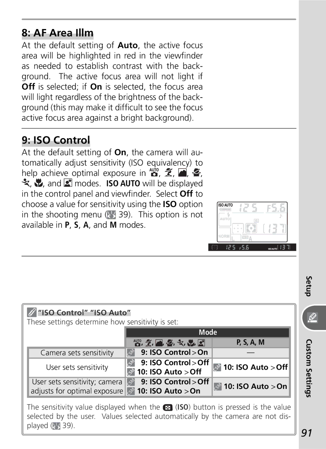 Nikon D50 manual AF Area Illm, ISO Control ISO Auto, Mode 