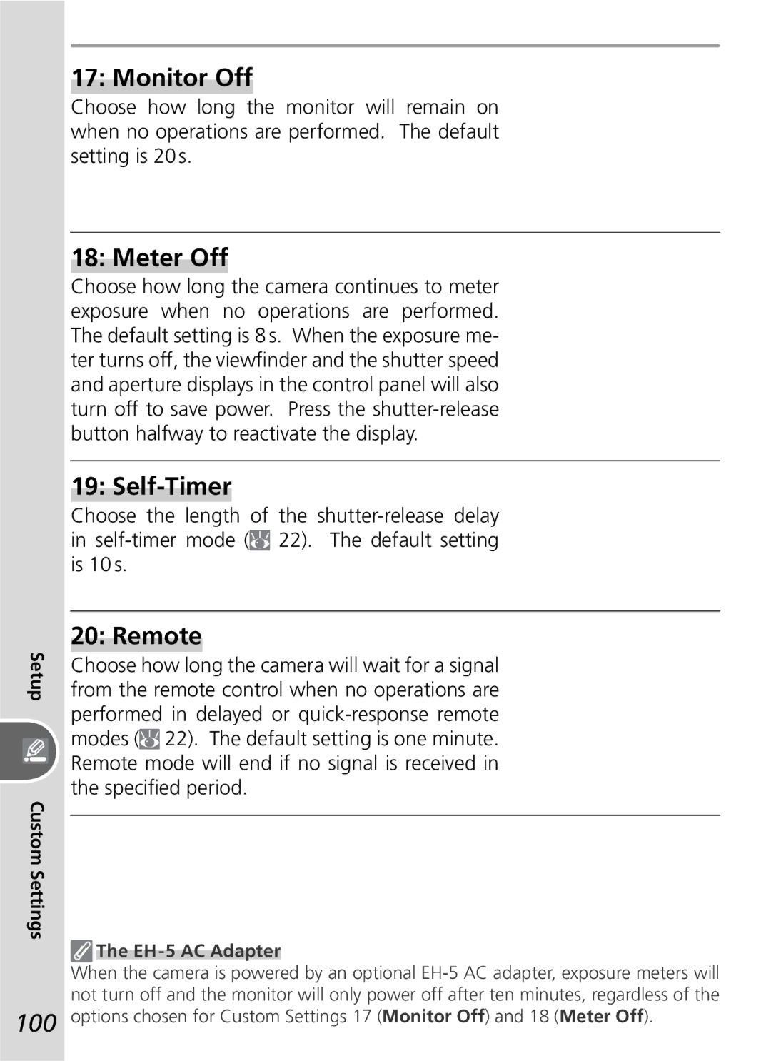 Nikon D50 manual Monitor Off, Meter Off, Self-Timer, Remote, EH-5 AC Adapter 