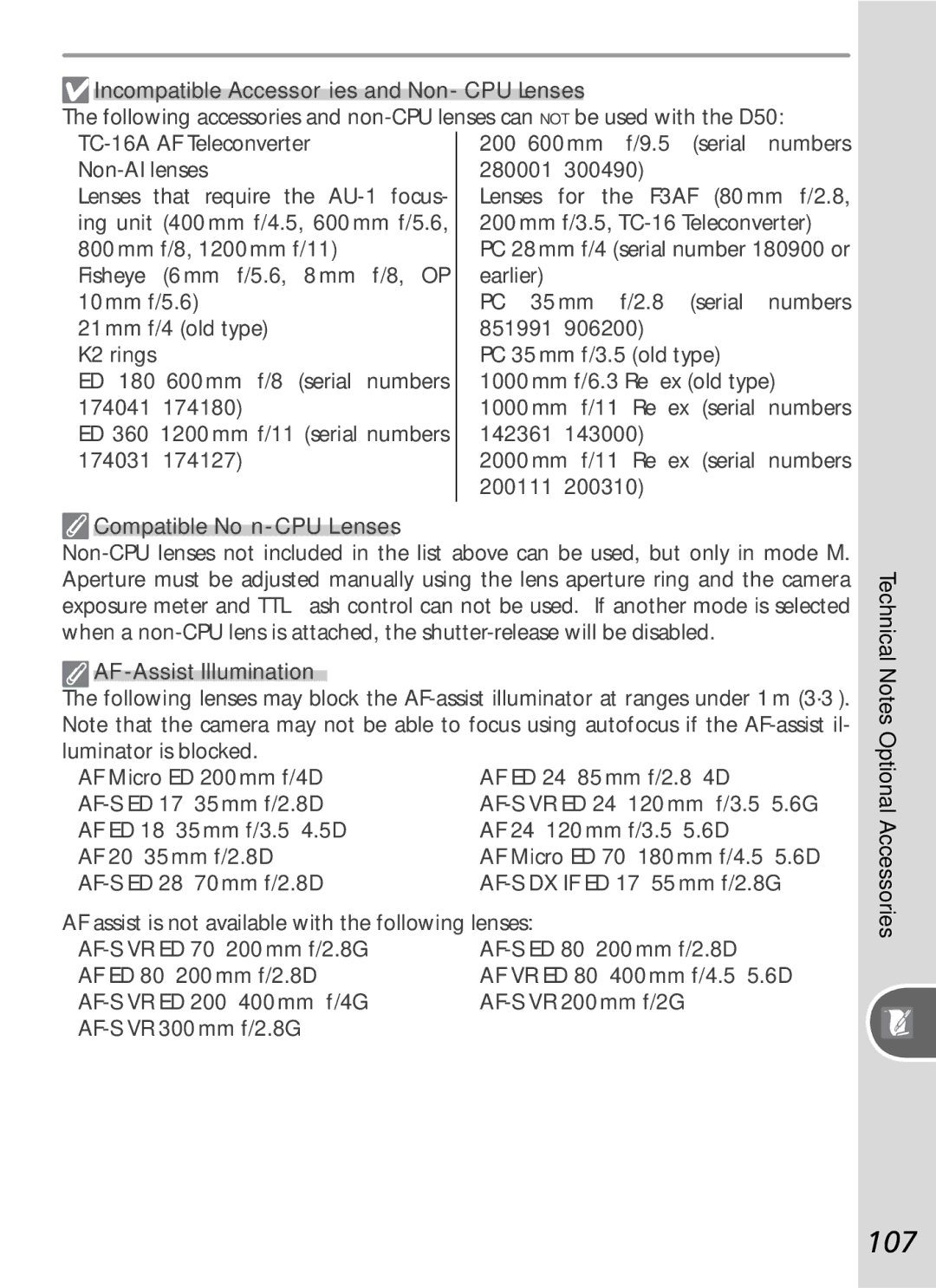 Nikon D50 manual 107, Incompatible Accessories and Non-CPU Lenses, Compatible Non-CPU Lenses, AF-Assist Illumination 