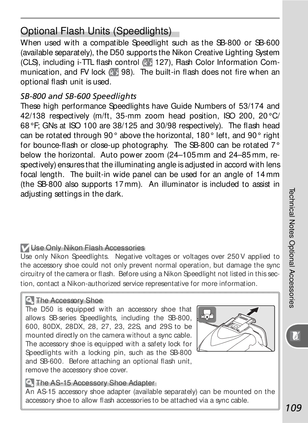 Nikon D50 manual Optional Flash Units Speedlights, 109, SB-800 and SB-600 Speedlights 