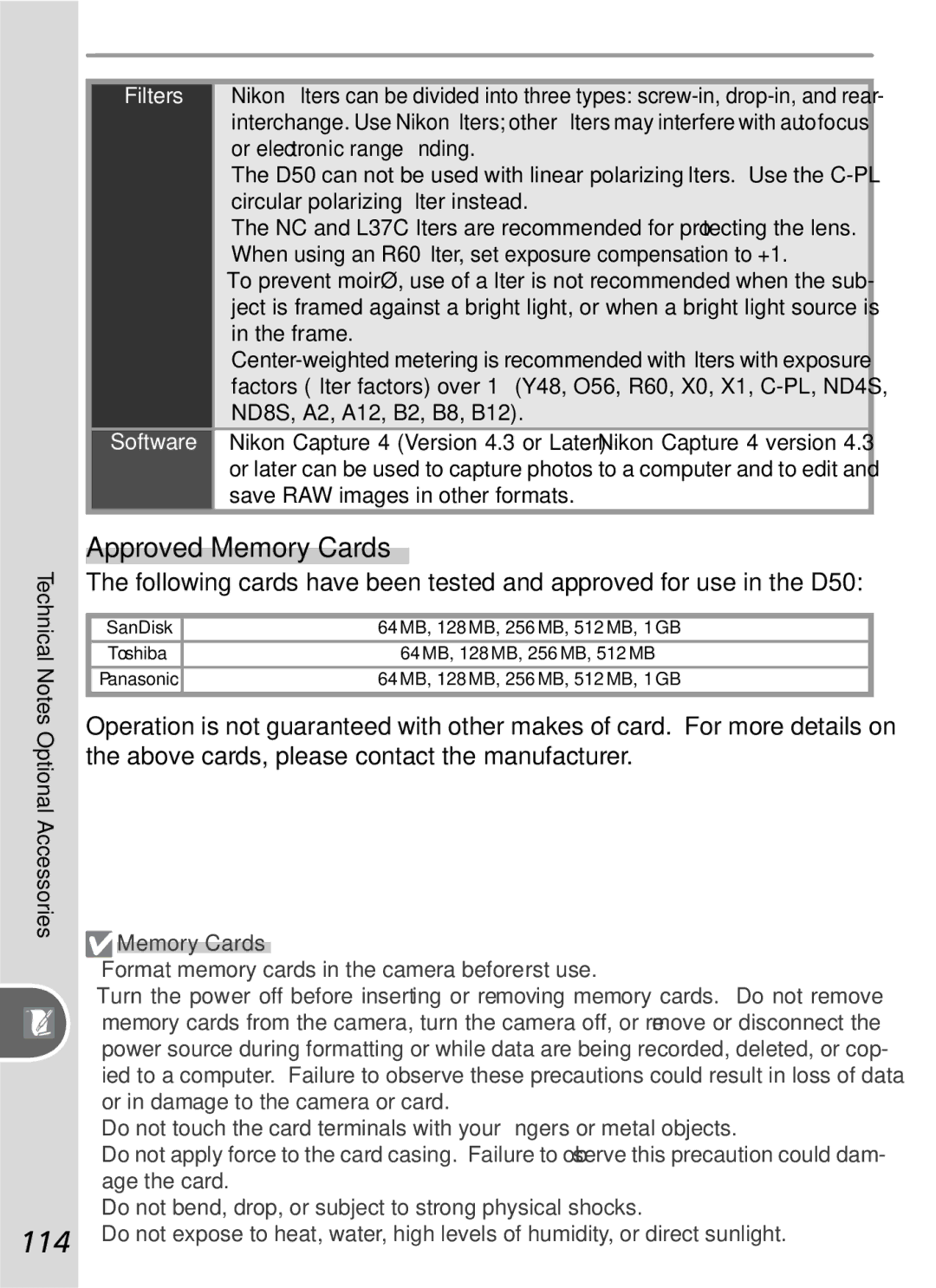 Nikon D50 manual 114, Approved Memory Cards 