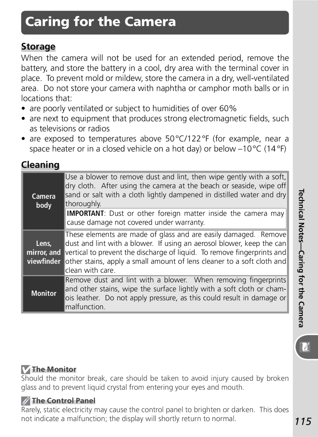 Nikon D50 manual Caring for the Camera, 115, Storage, Cleaning 