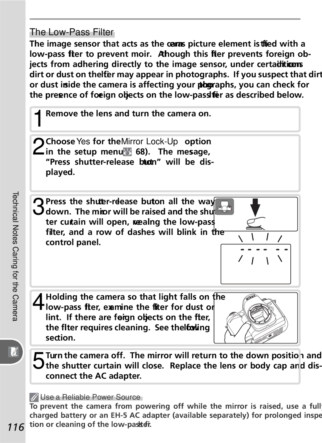 Nikon D50 manual Low-Pass Filter, Remove the lens and turn the camera on, Use a Reliable Power Source 