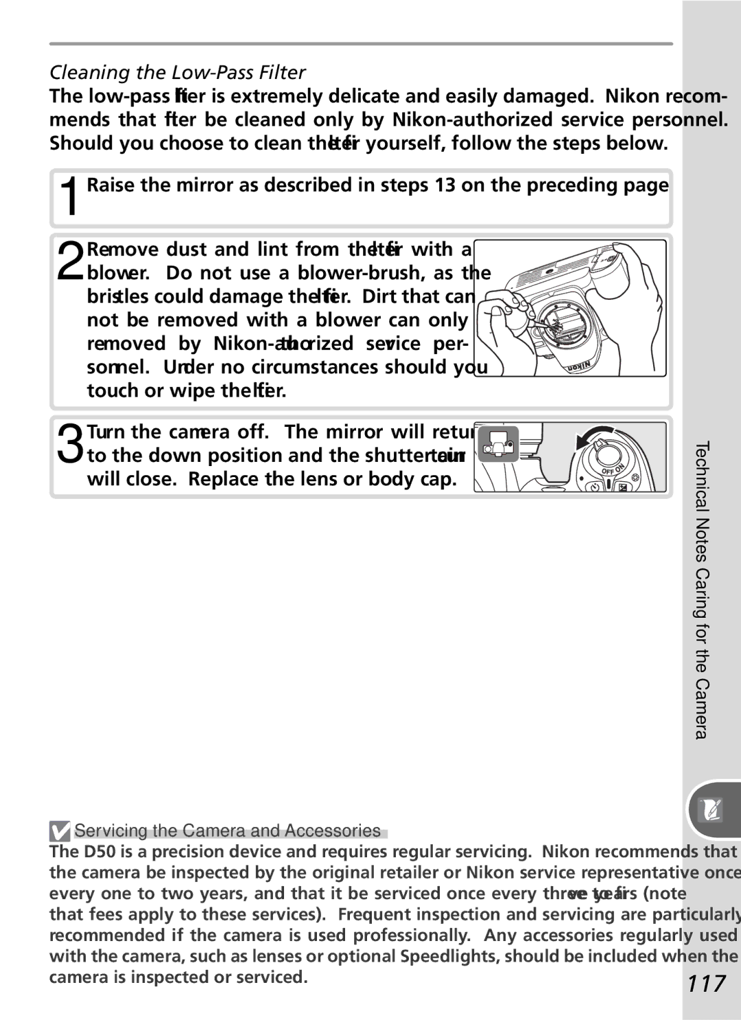 Nikon D50 manual 117, Cleaning the Low-Pass Filter, Servicing the Camera and Accessories 