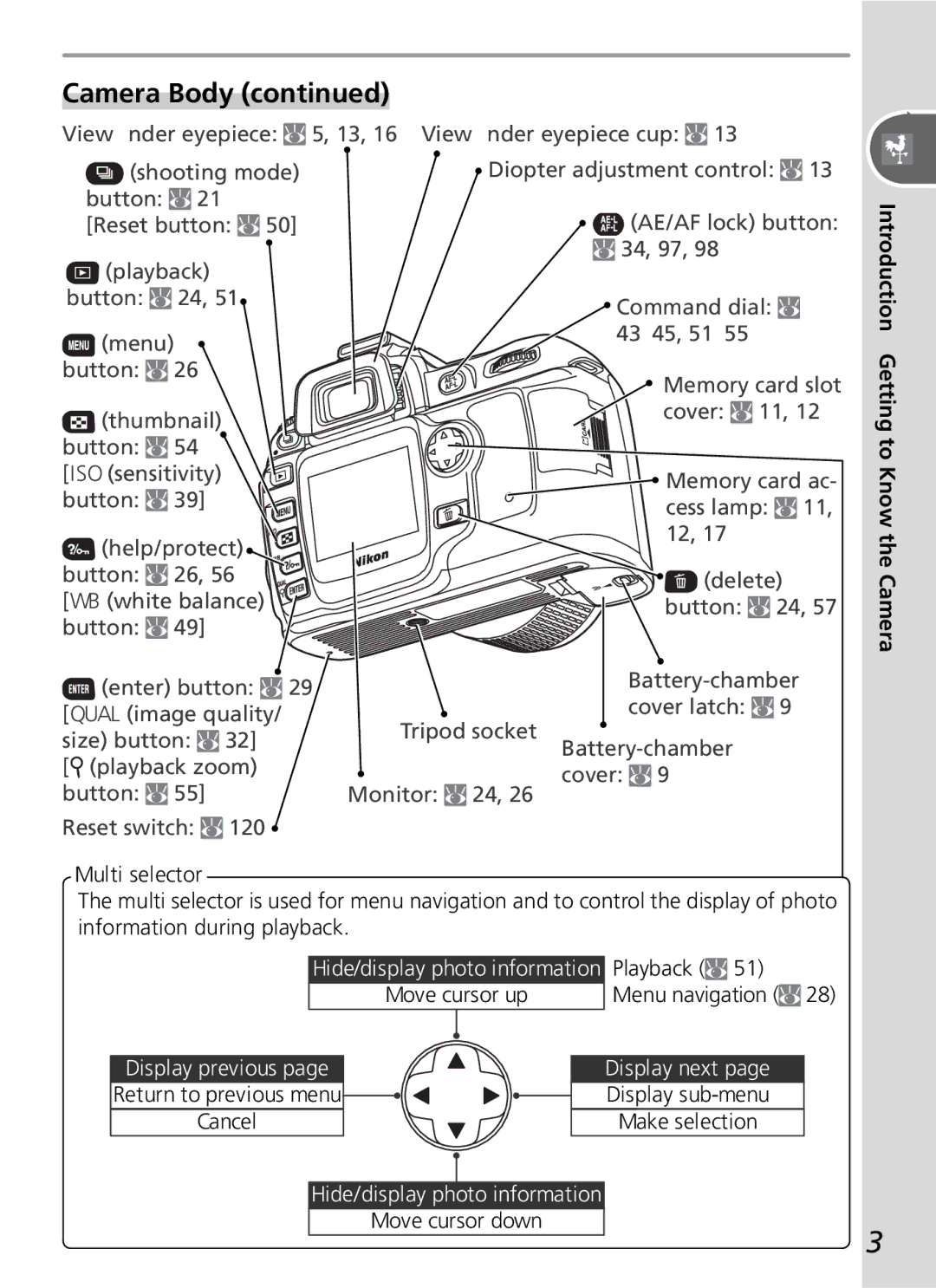 Nikon D50 manual Camera Body, Multi selector, Playback, Menu navigation 