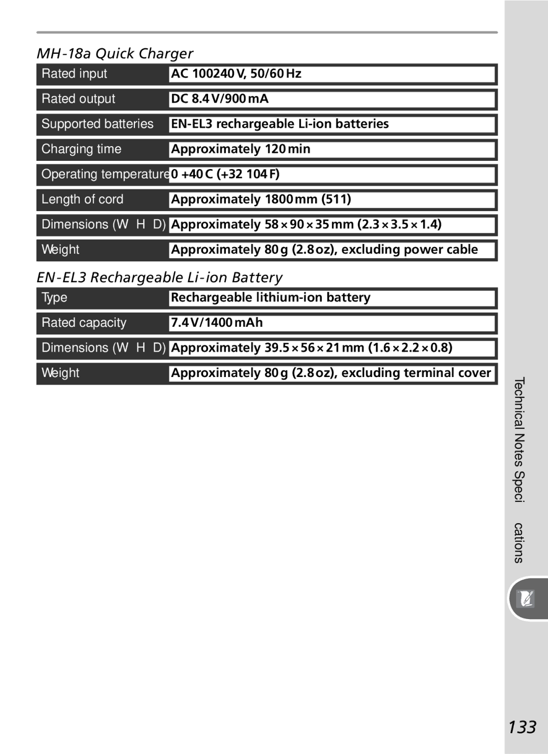 Nikon D50 manual 133, MH-18a Quick Charger, EN-EL3 Rechargeable Li-ion Battery 