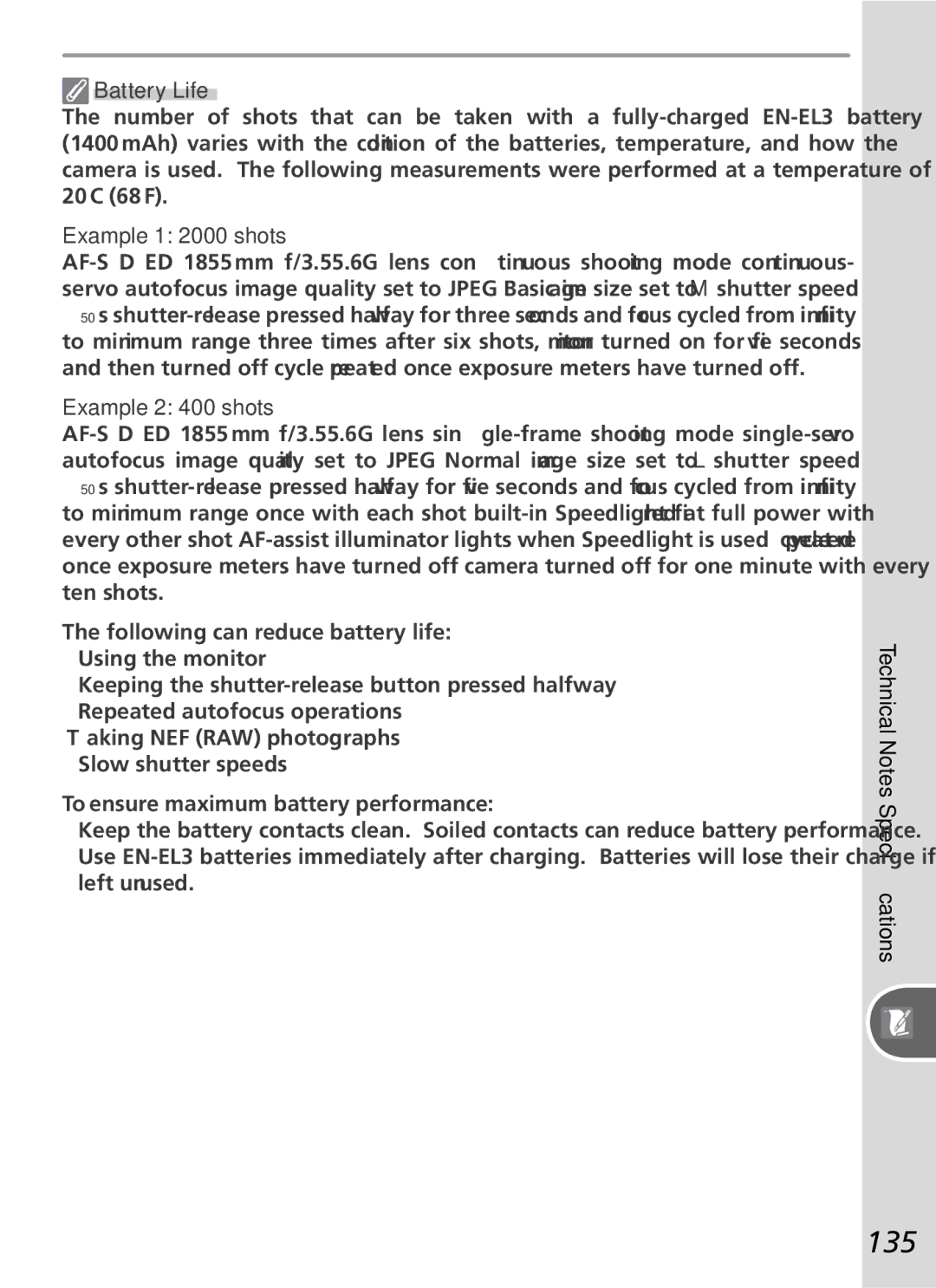 Nikon D50 manual 135, Battery Life 