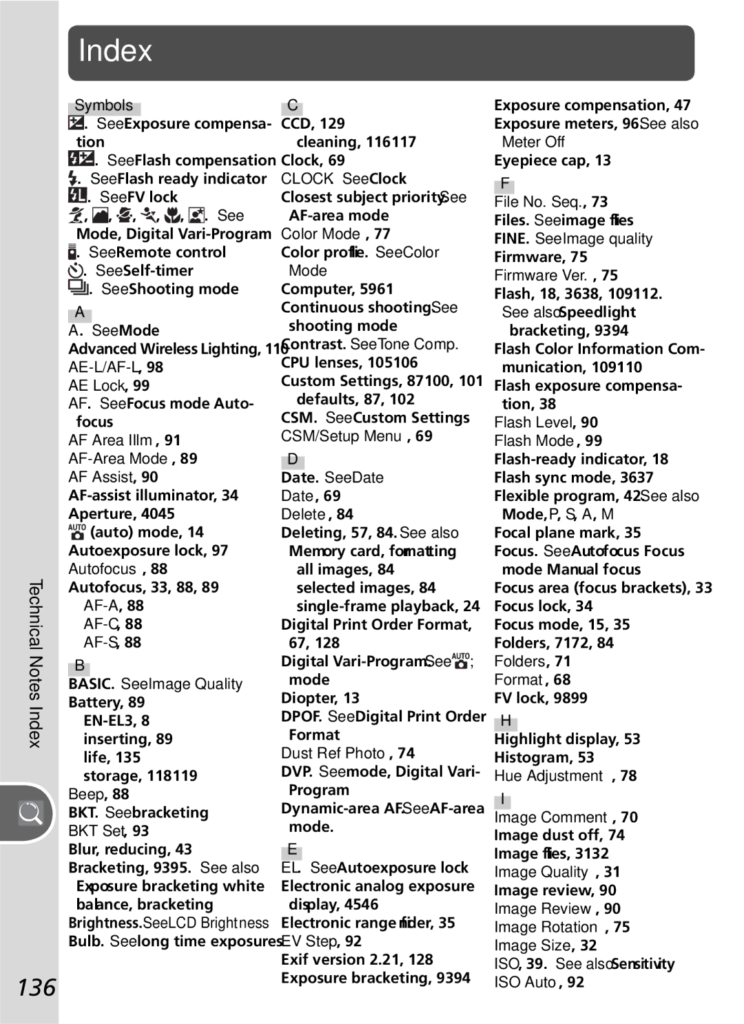 Nikon D50 manual 136, Technical Notes-Index 