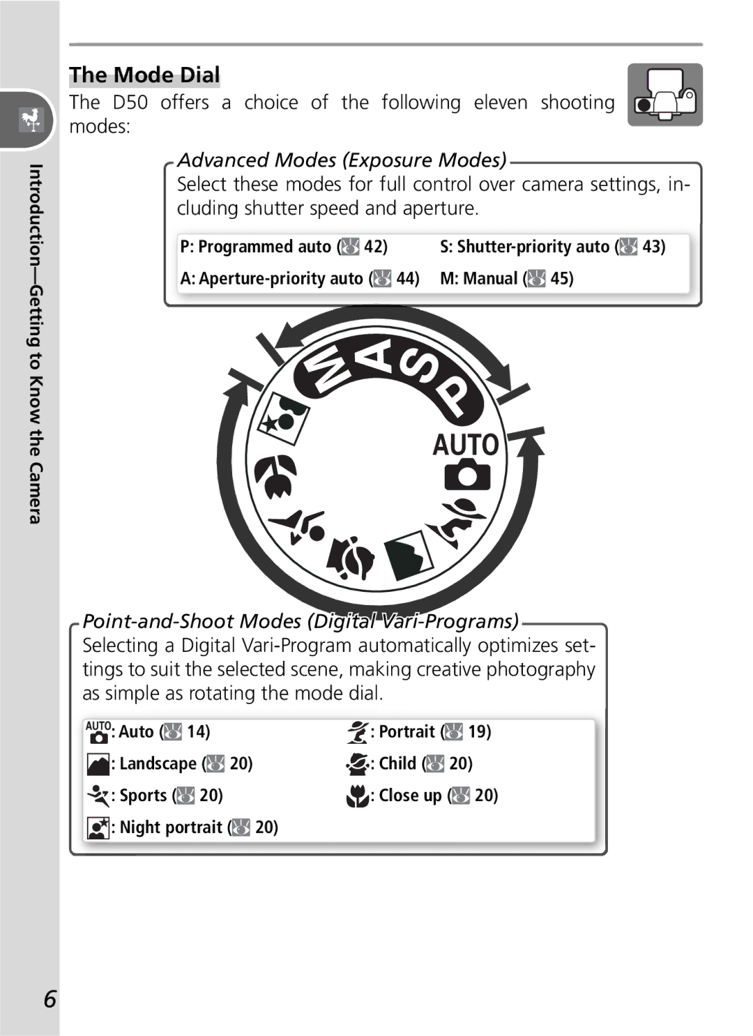 Nikon manual Mode Dial, D50 offers a choice of the following eleven shooting modes, Advanced Modes Exposure Modes 