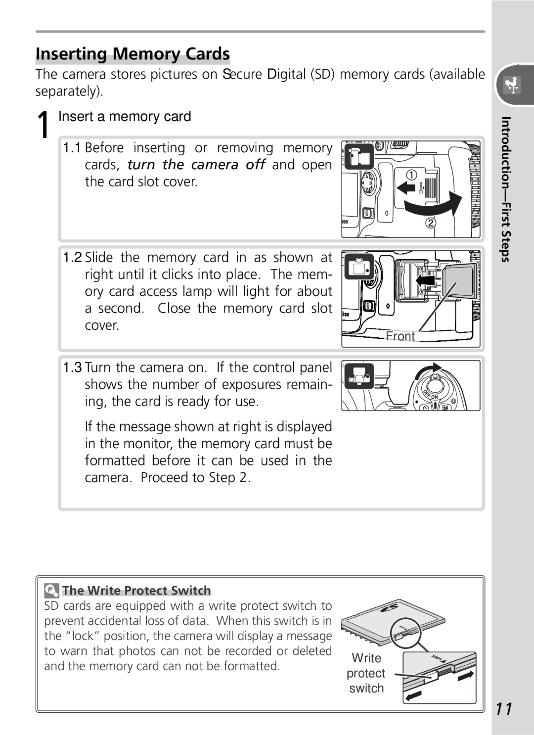 Nikon D50 manual Inserting Memory Cards, Cards, turn the camera off and open the card slot cover, Write Protect Switch 