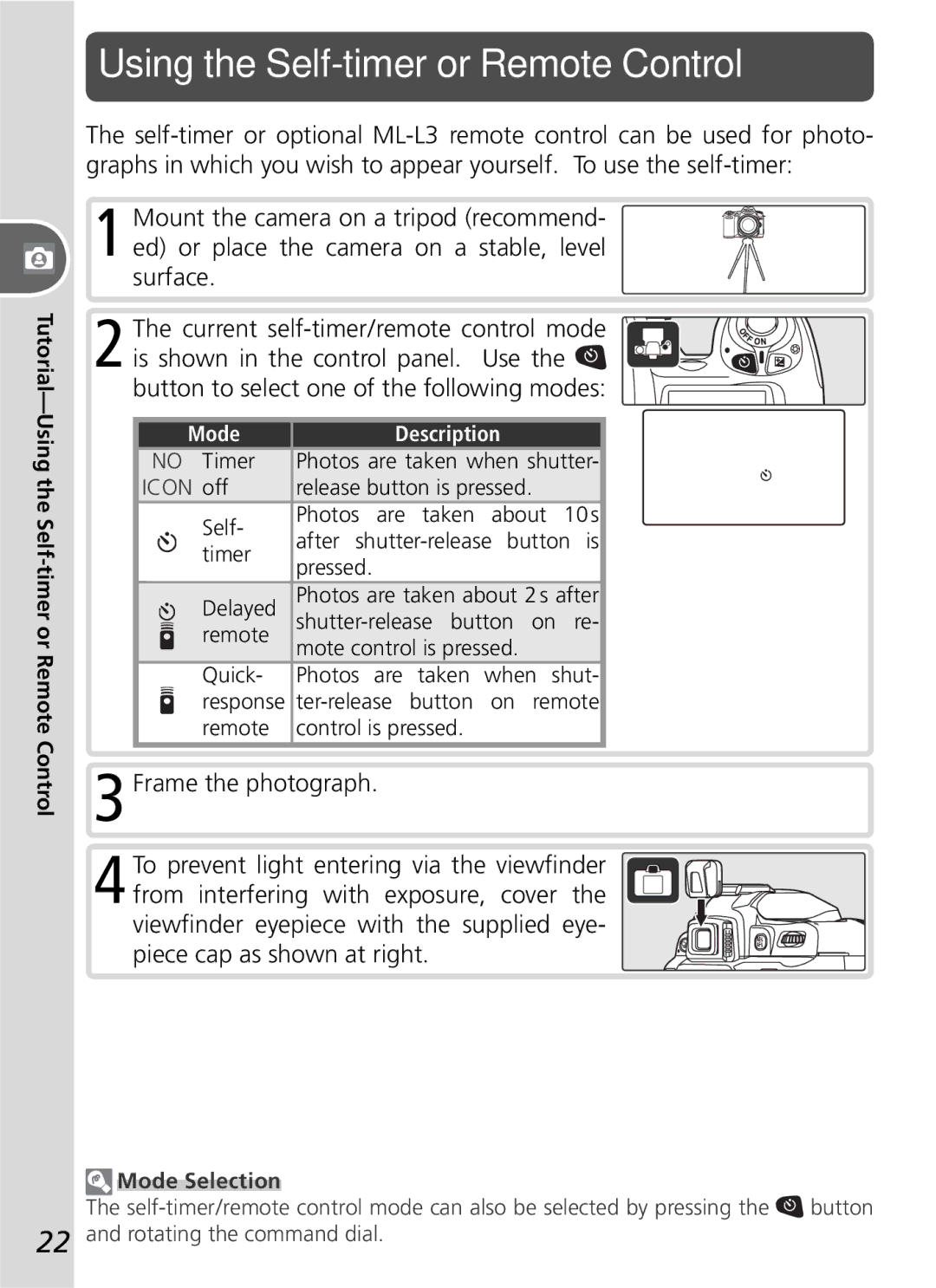 Nikon D50 manual Tutorial-Using the Self-timer or Remote Control, Mode Selection 