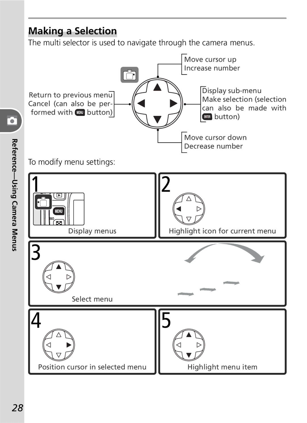 Nikon D50 manual Making a Selection, Multi selector is used to navigate through the camera menus, To modify menu settings 