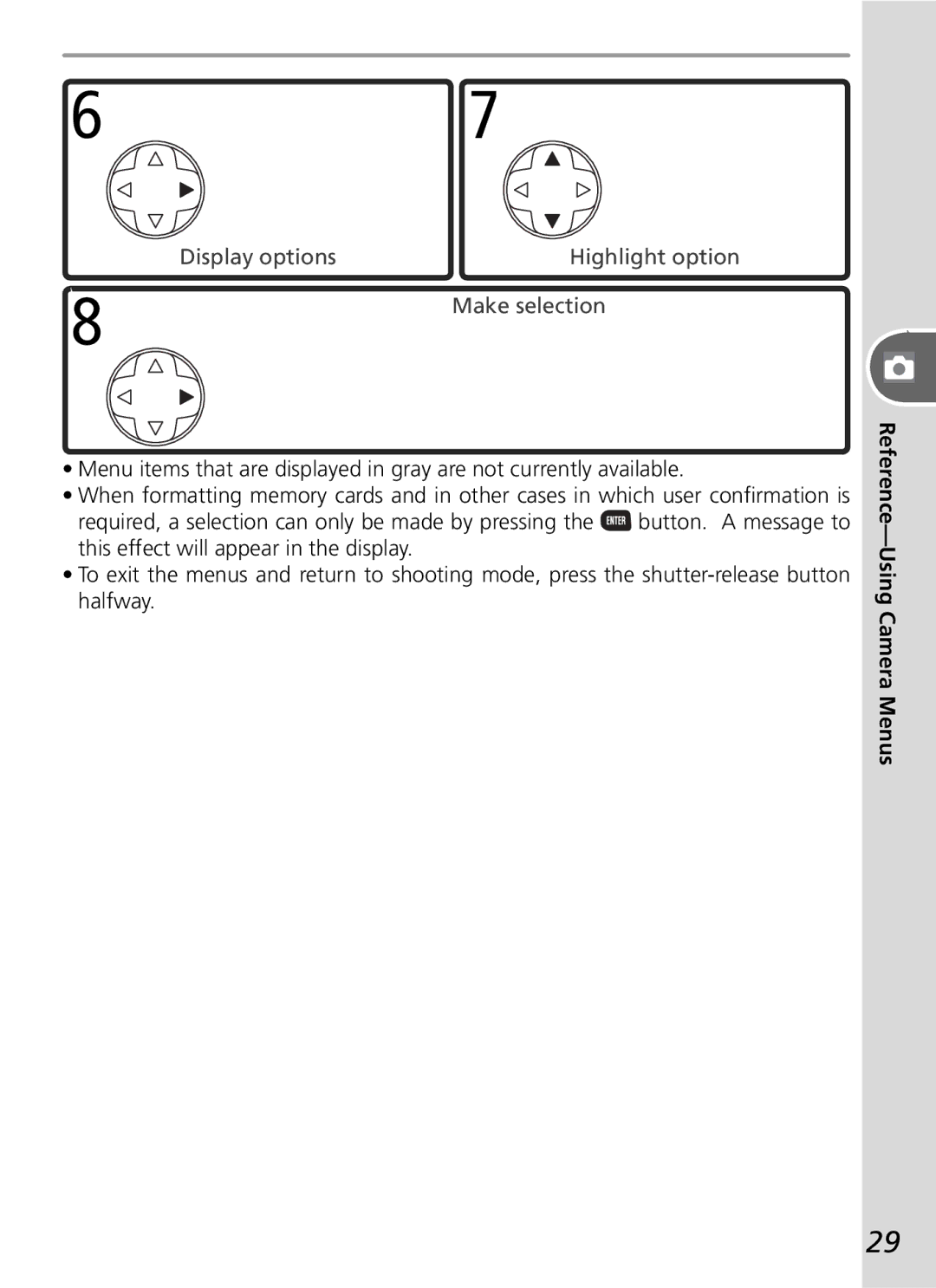 Nikon D50 manual Display optionsHighlight option Make selection 