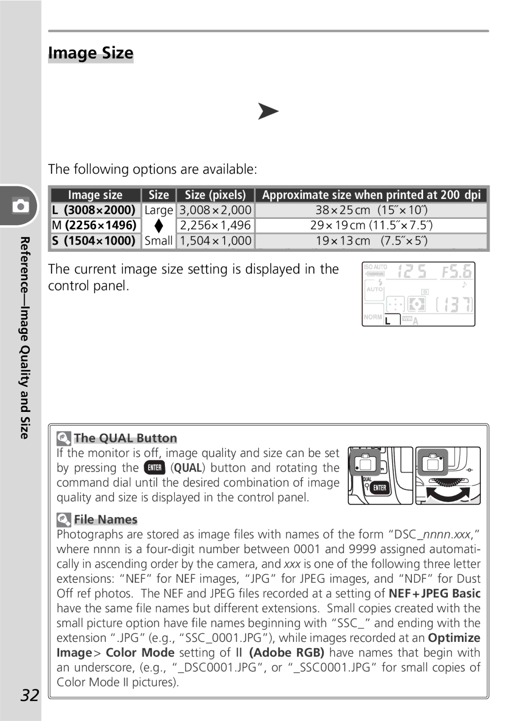 Nikon D50 manual Image Size, Image size Size, Qual Button, File Names 