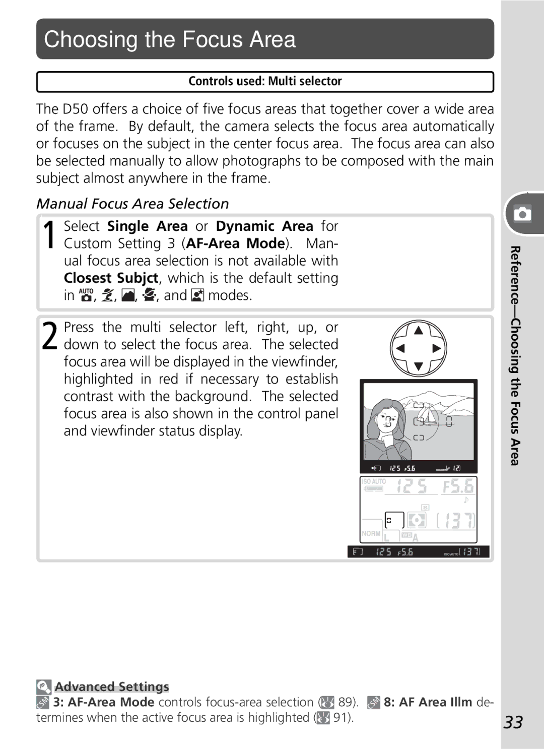 Nikon D50 manual Choosing the Focus Area, Manual Focus Area Selection, Advanced Settings, AF Area Illm de 