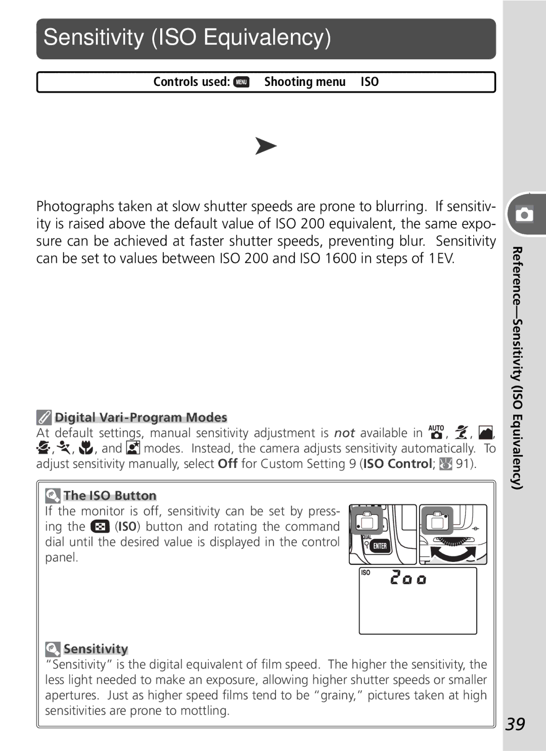 Nikon D50 manual Sensitivity ISO Equivalency, Digital Vari-Program Modes, ISO Button 