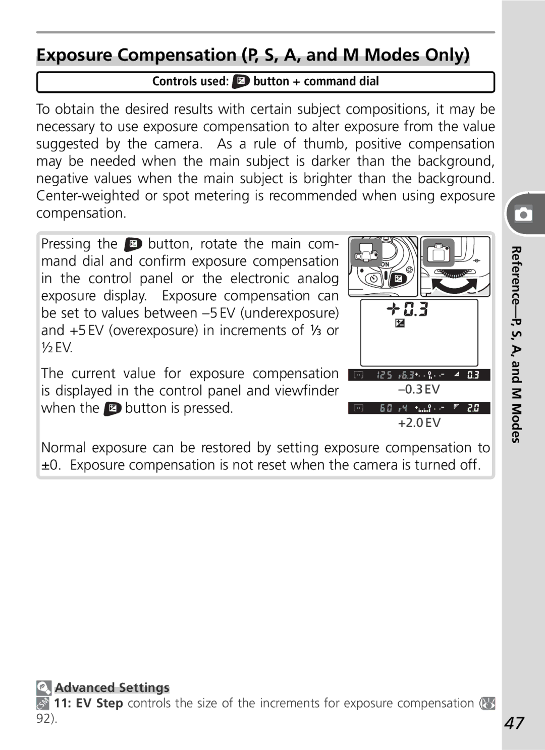 Nikon D50 manual Exposure Compensation P, S, A, and M Modes Only, Controls used button + command dial 