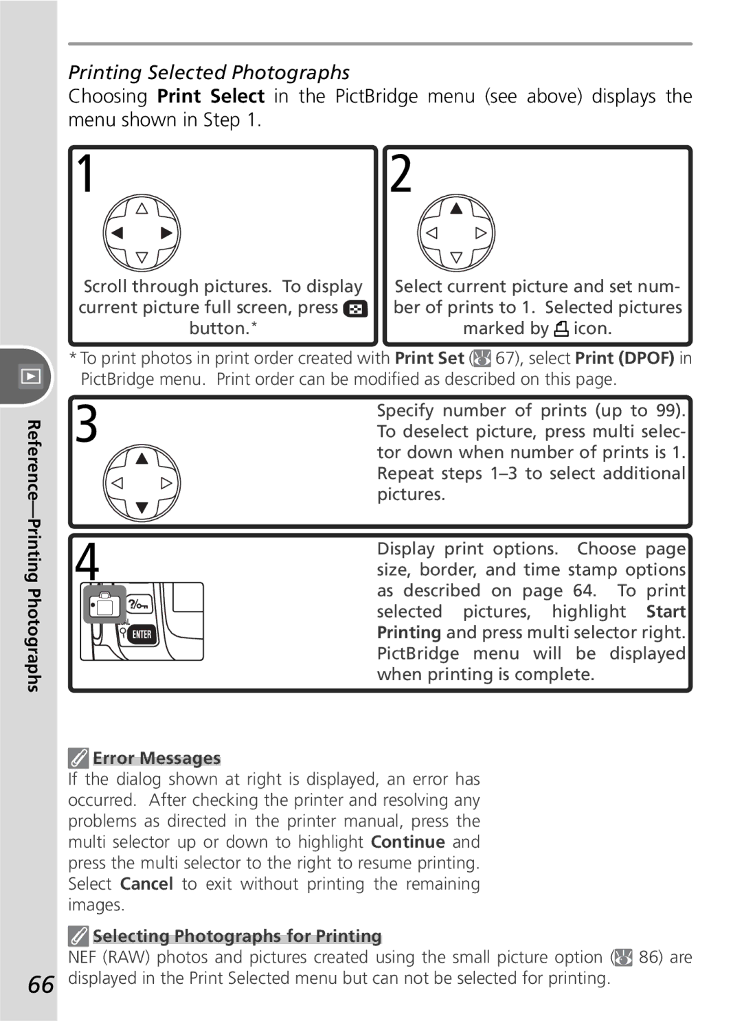 Nikon D50 manual Printing Selected Photographs, Error Messages, Selecting Photographs for Printing 