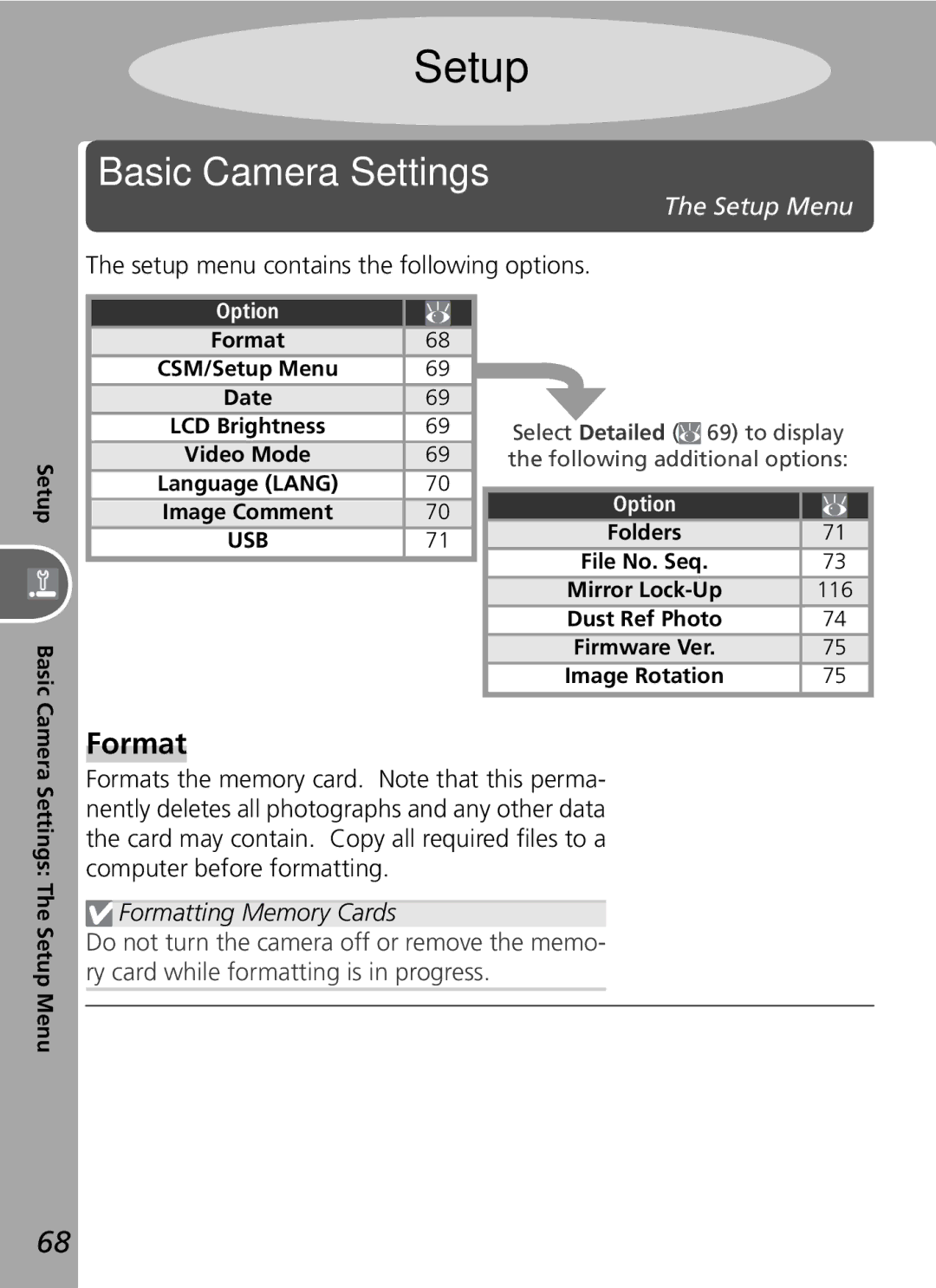 Nikon D50 manual Basic Camera Settings, Setup menu contains the following options, Formatting Memory Cards 